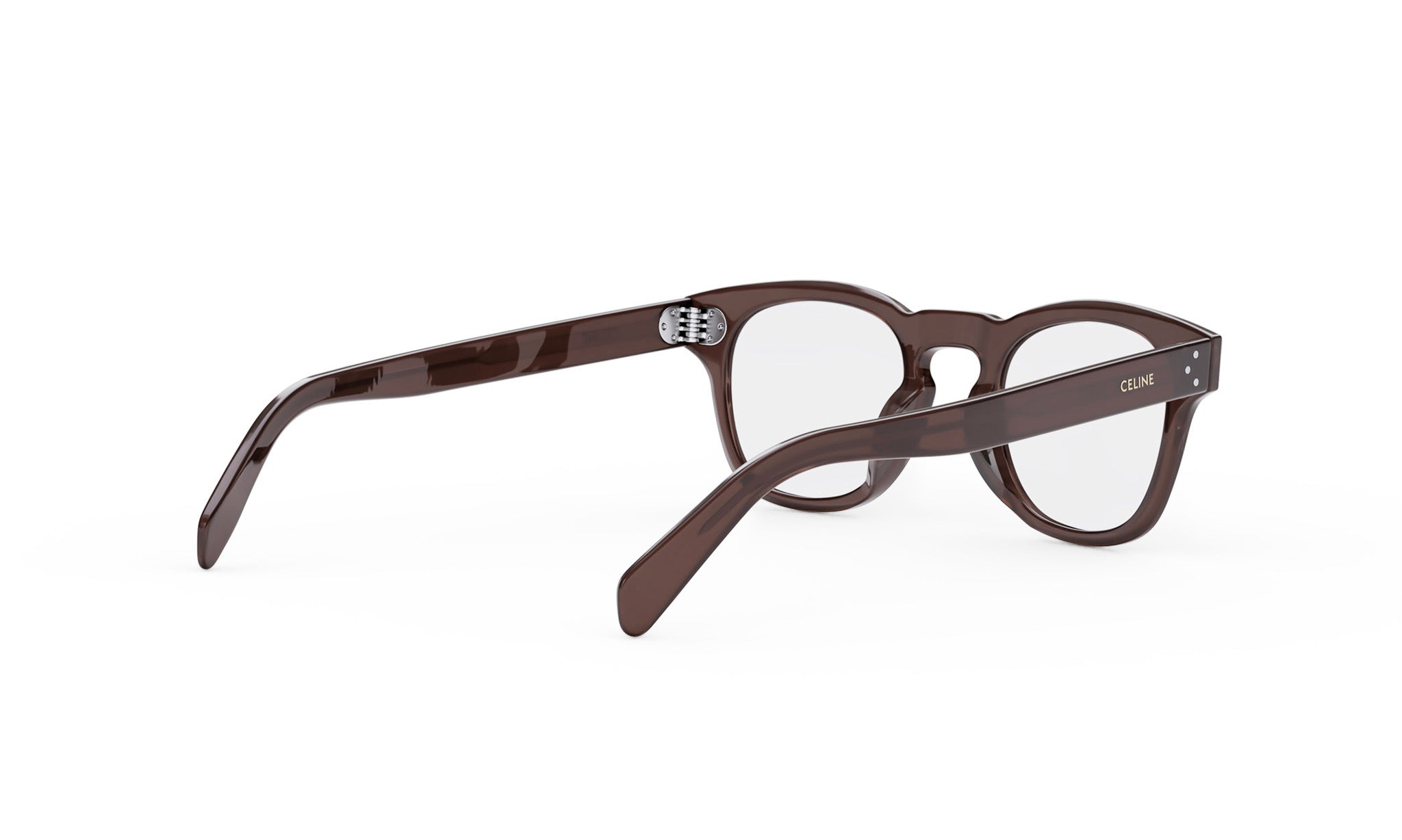 A pair of brown-framed glasses with a dark frame and clear lenses.