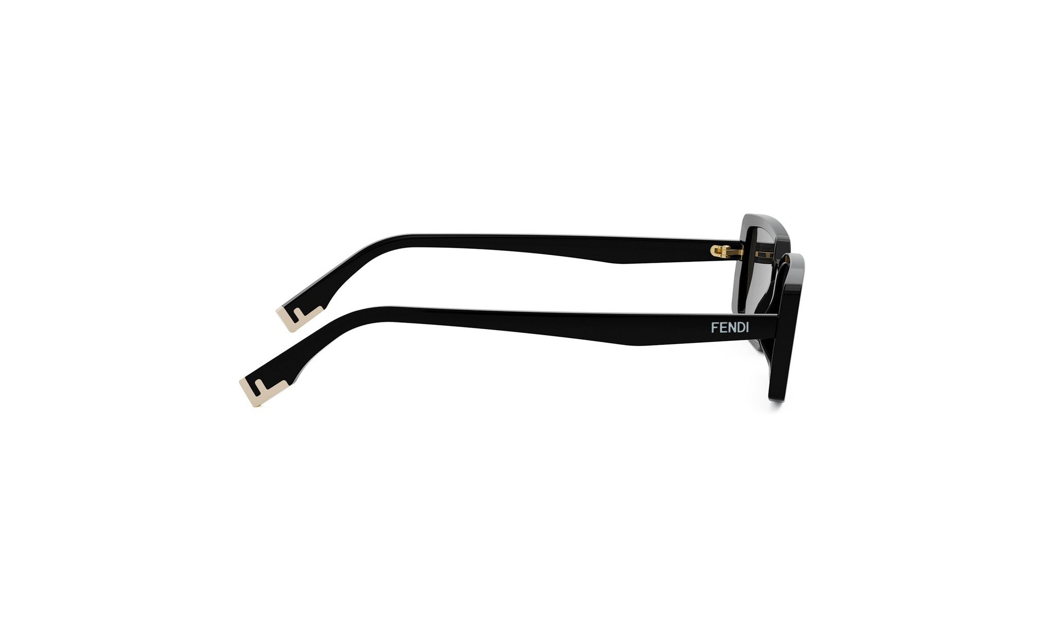 A pair of black Fendi sunglasses with gold accents.