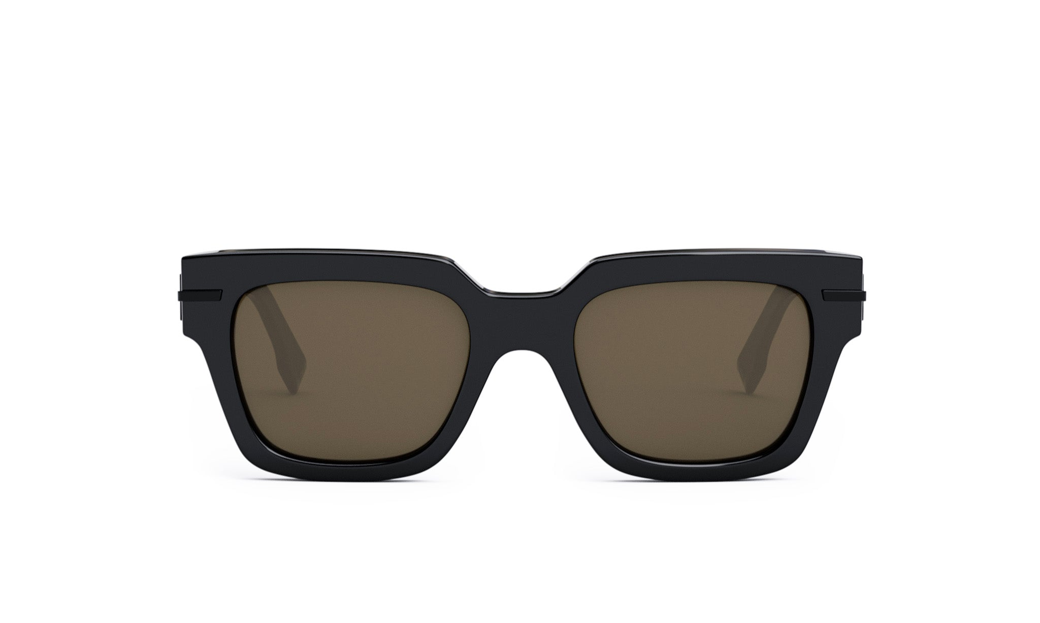 A pair of black sunglasses with brown lenses.