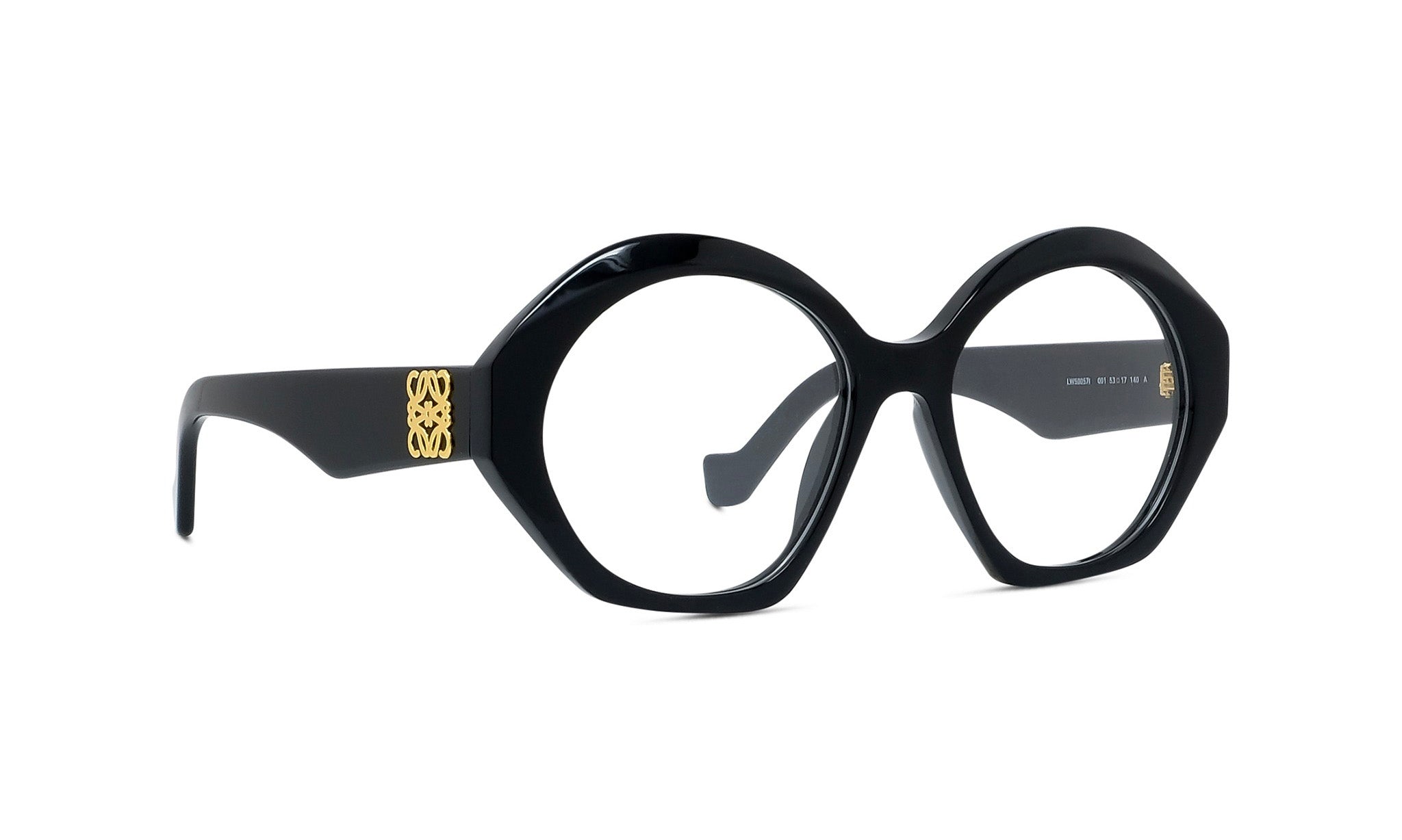 A pair of black, round-framed glasses with a gold logo on the side.