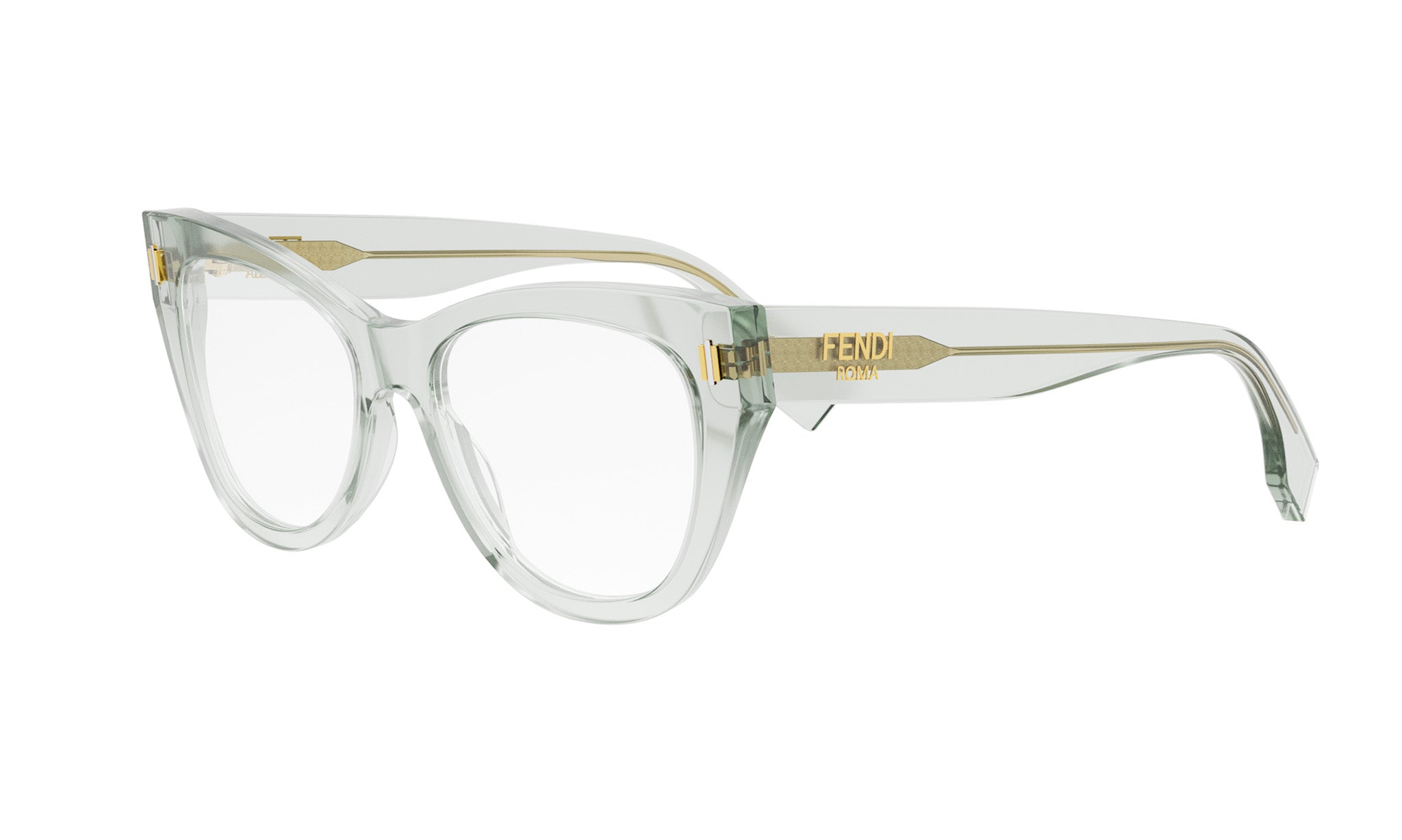 A pair of Fendi-branded clear eyeglasses with a minimalist, modern design.