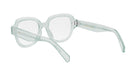A pair of clear, mint green-colored eyeglasses with a sleek, modern design.