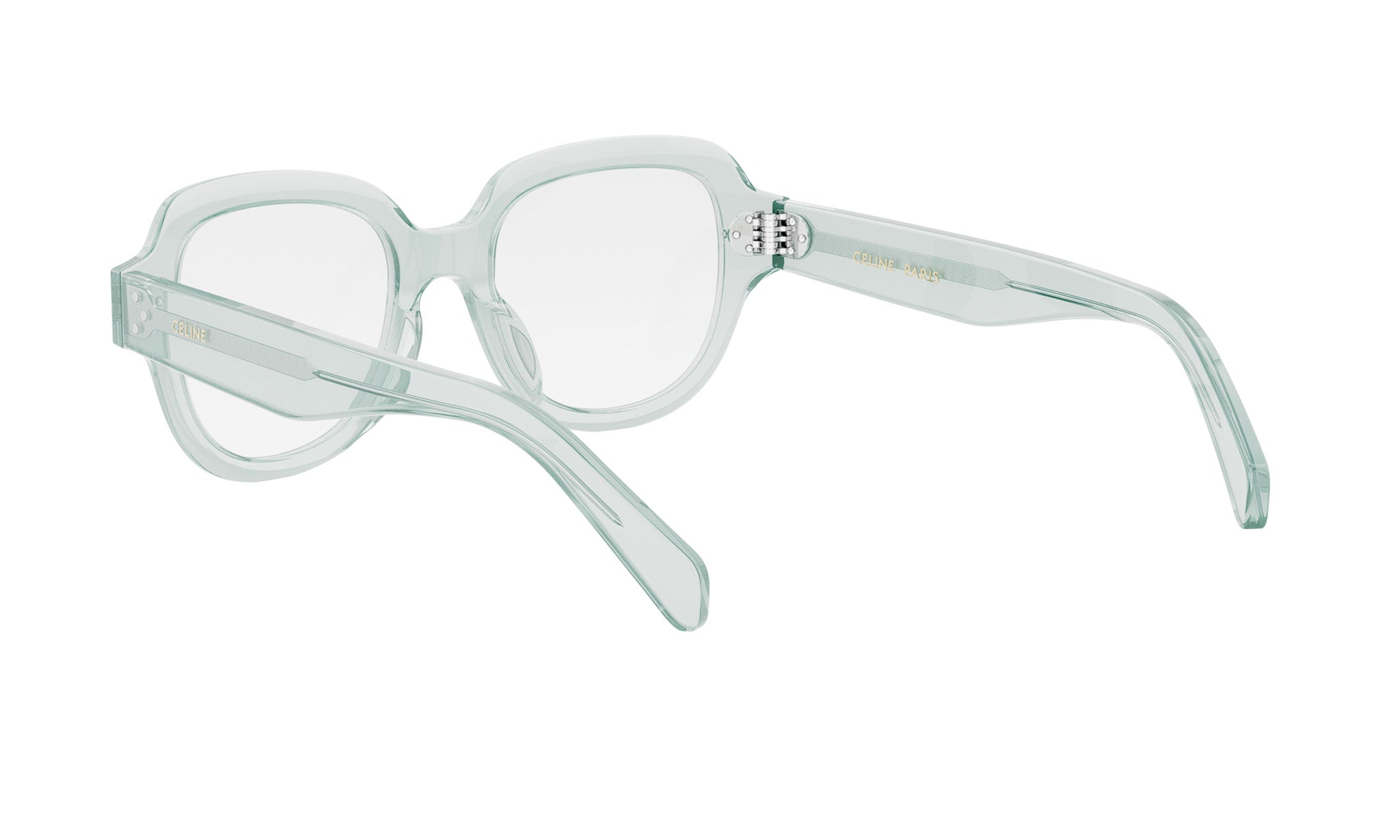A pair of clear, mint green-colored eyeglasses with a sleek, modern design.
