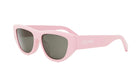 A pair of pink sunglasses with dark lenses.