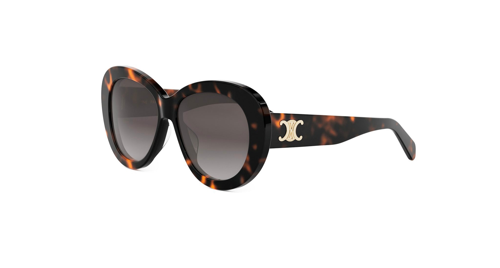 A pair of stylish sunglasses with a tortoiseshell frame and a gold logo on the side.