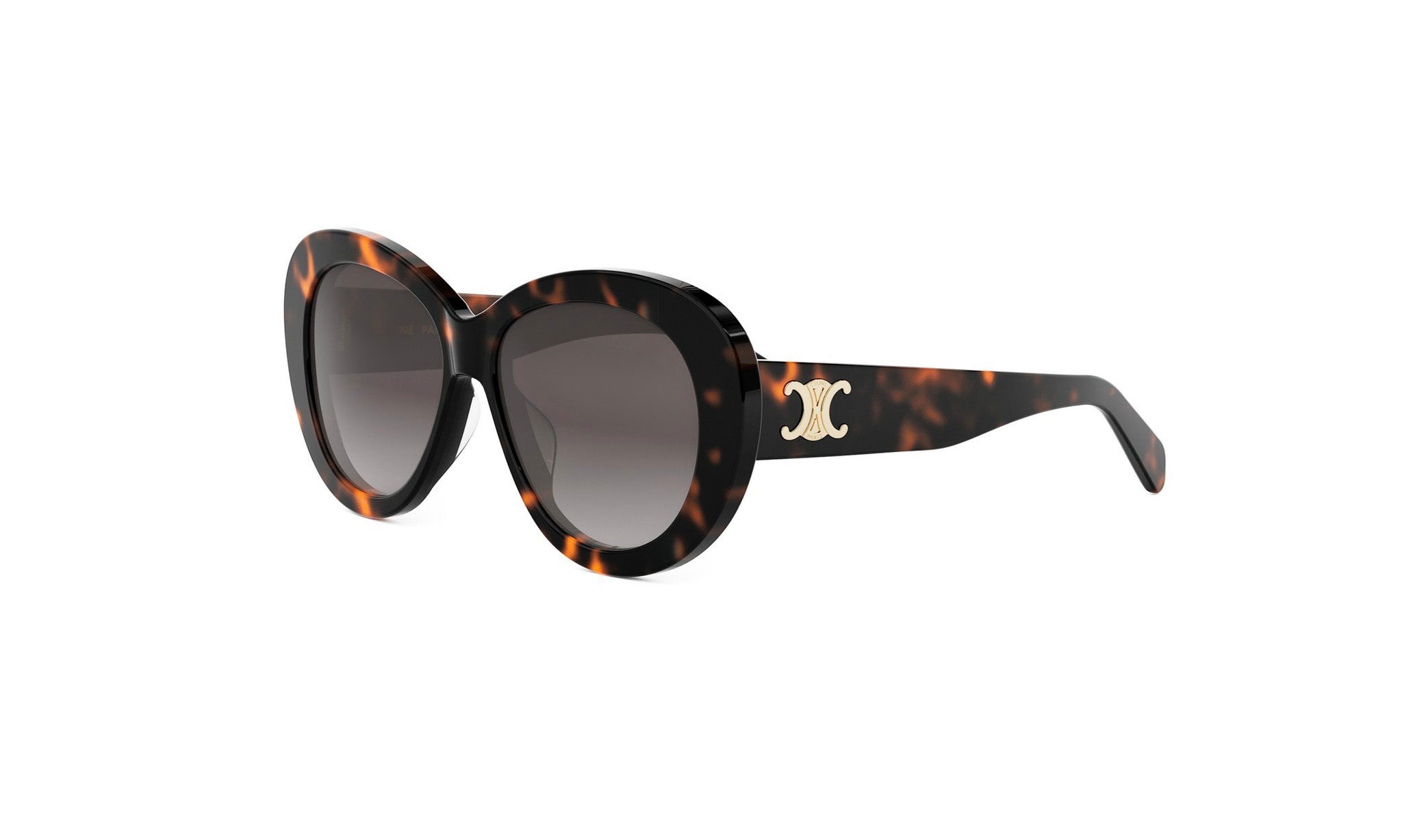 A pair of stylish sunglasses with a tortoiseshell frame and a gold logo on the side.