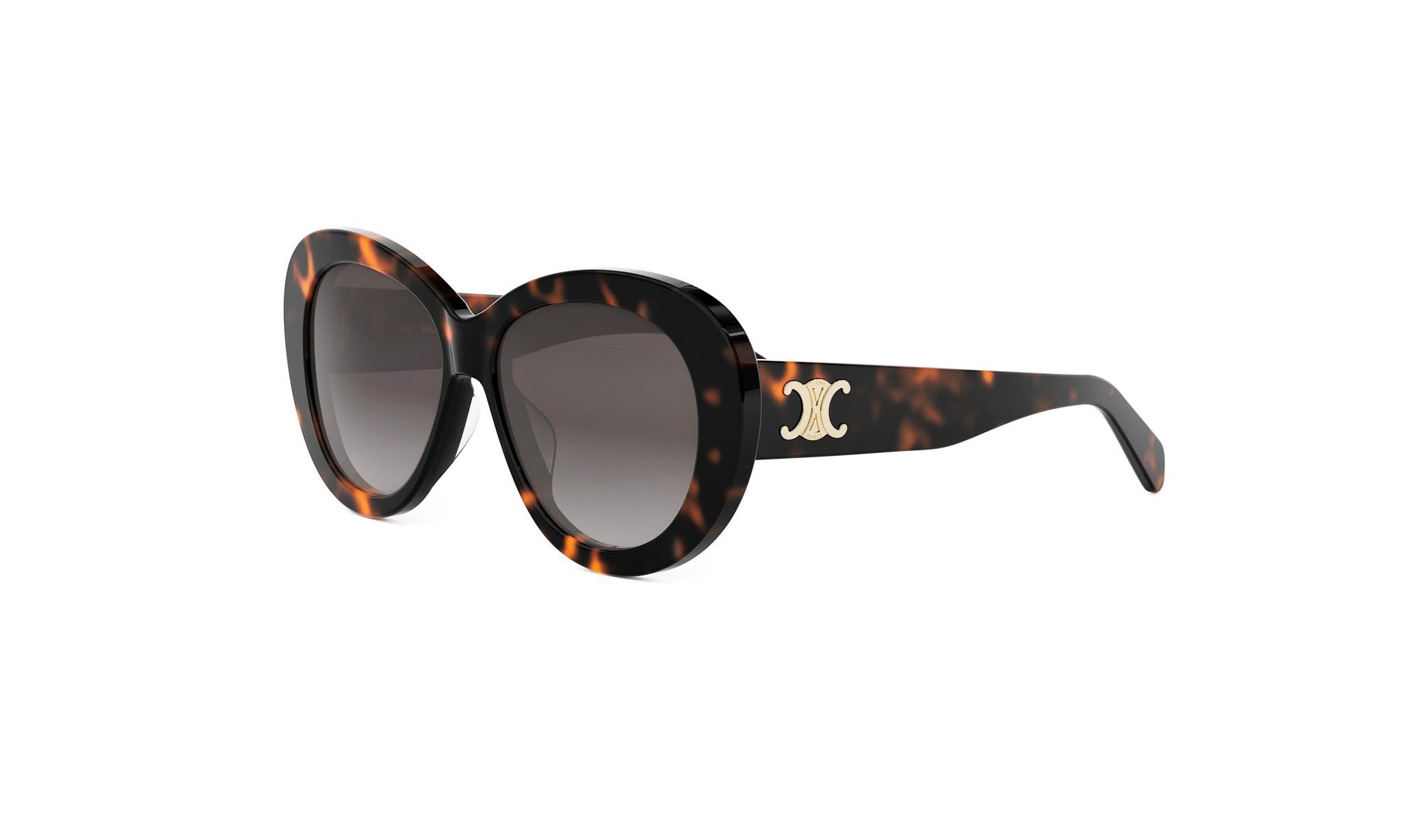 A pair of stylish sunglasses with a tortoiseshell frame and a gold logo on the side.