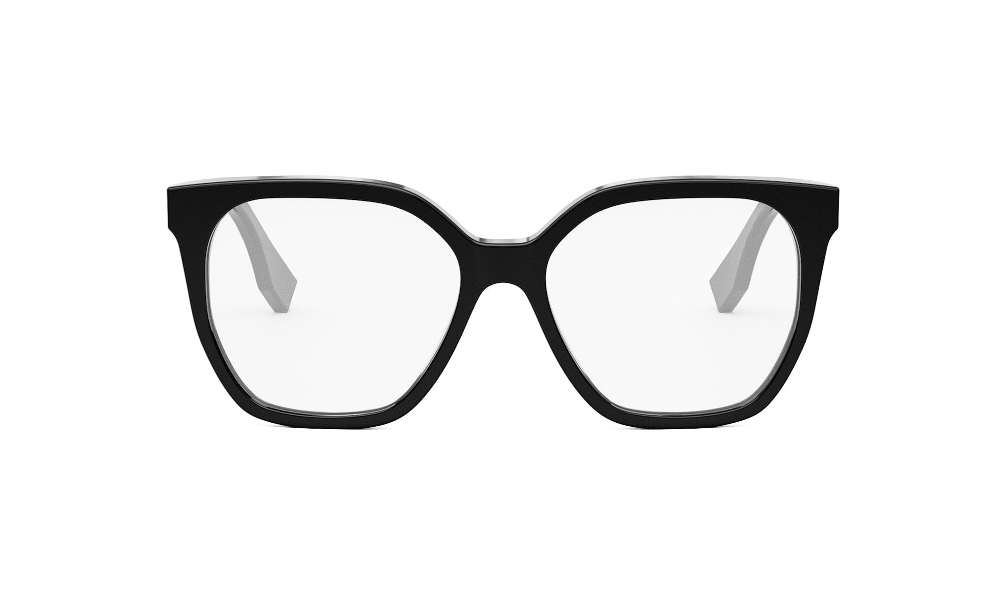 A pair of black-framed glasses with clear lenses, set against a white background.