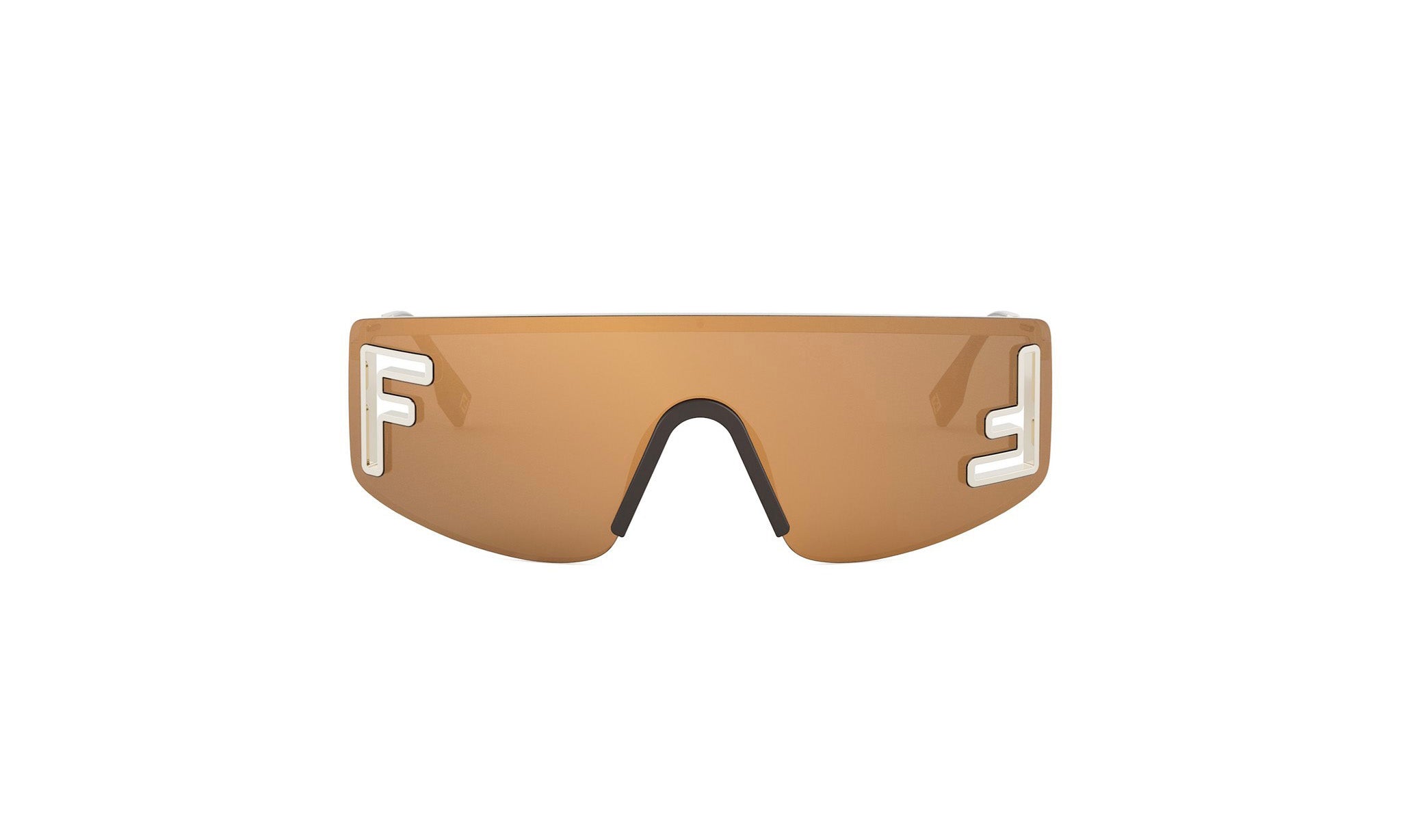 A pair of brown sunglasses with white lettering on the sides.