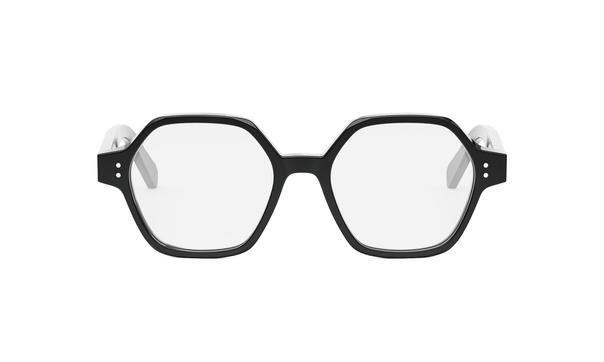 A pair of black-framed glasses with a unique, hexagonal shape.