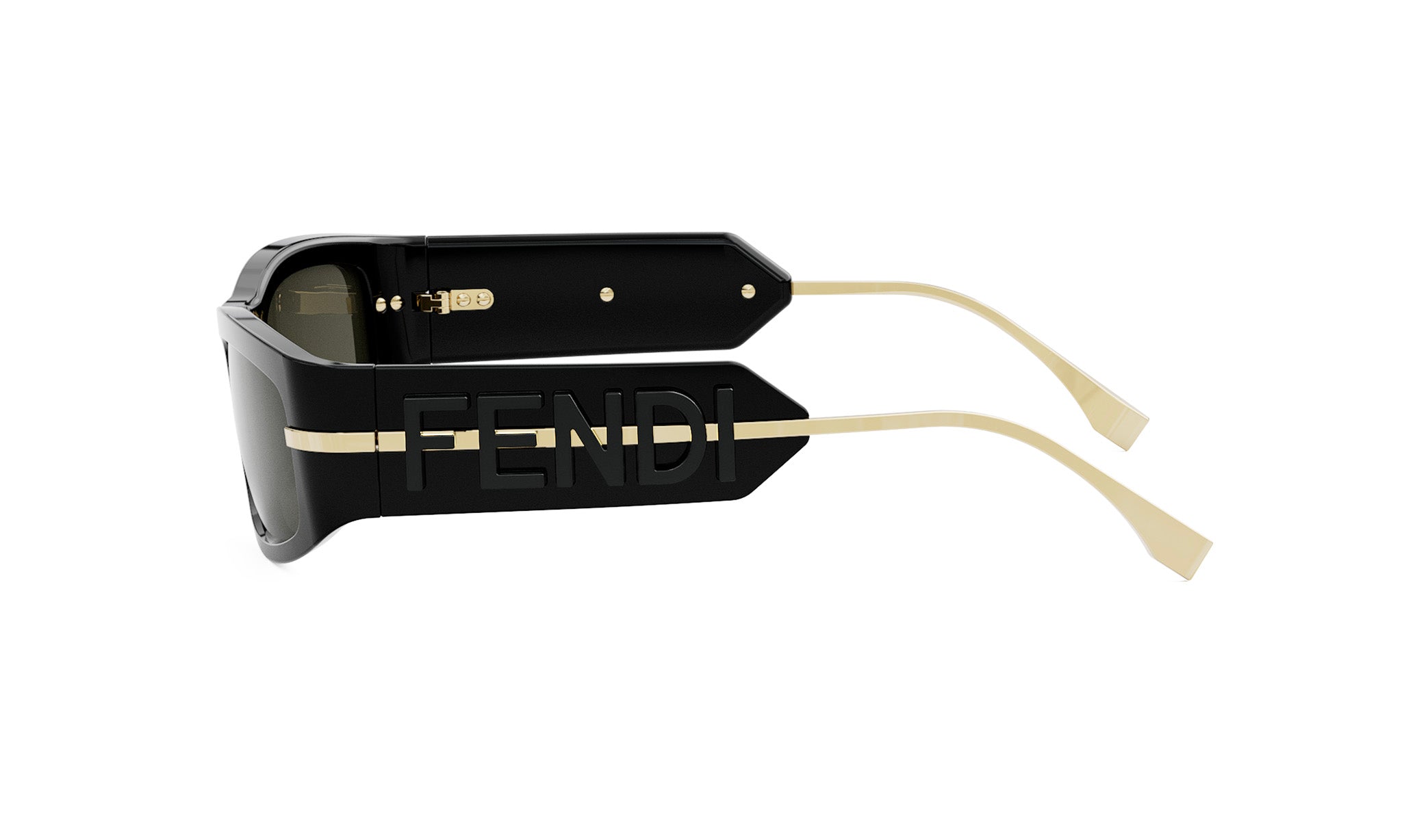 A pair of black sunglasses with gold accents and the Fendi logo prominently displayed on the frame.