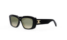 A pair of black sunglasses with gold accents, featuring a large C logo on the frame.