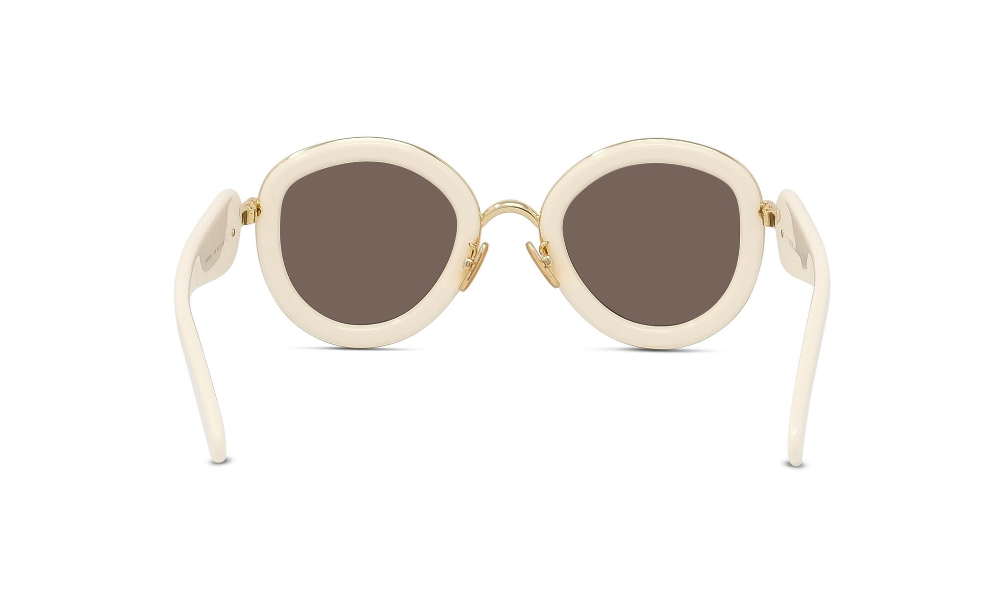 A pair of white, round sunglasses with dark lenses.