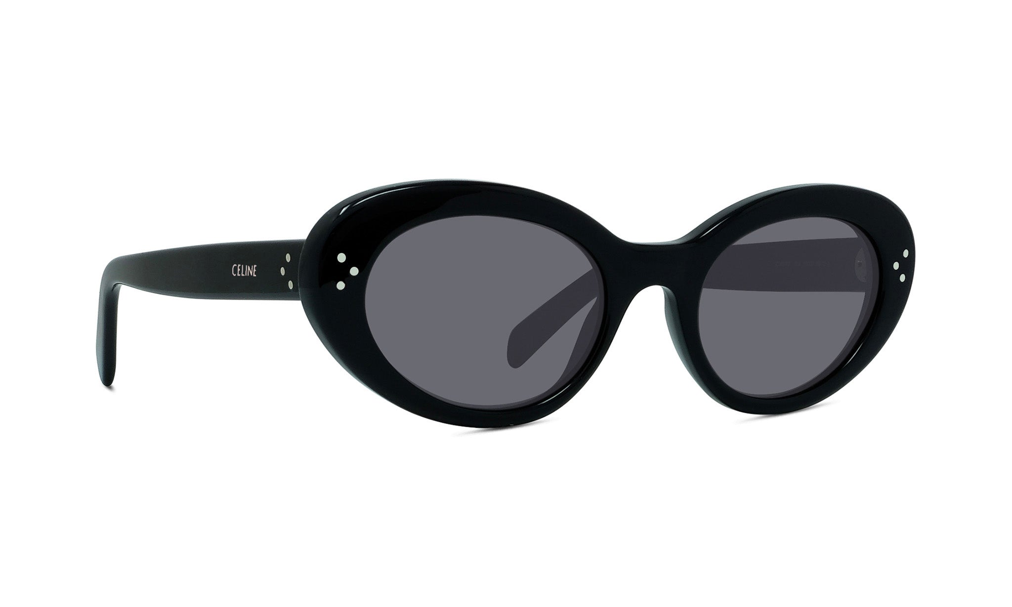 A pair of black sunglasses with dark lenses.