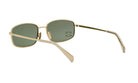 A pair of gold-colored sunglasses with a dark green lens.