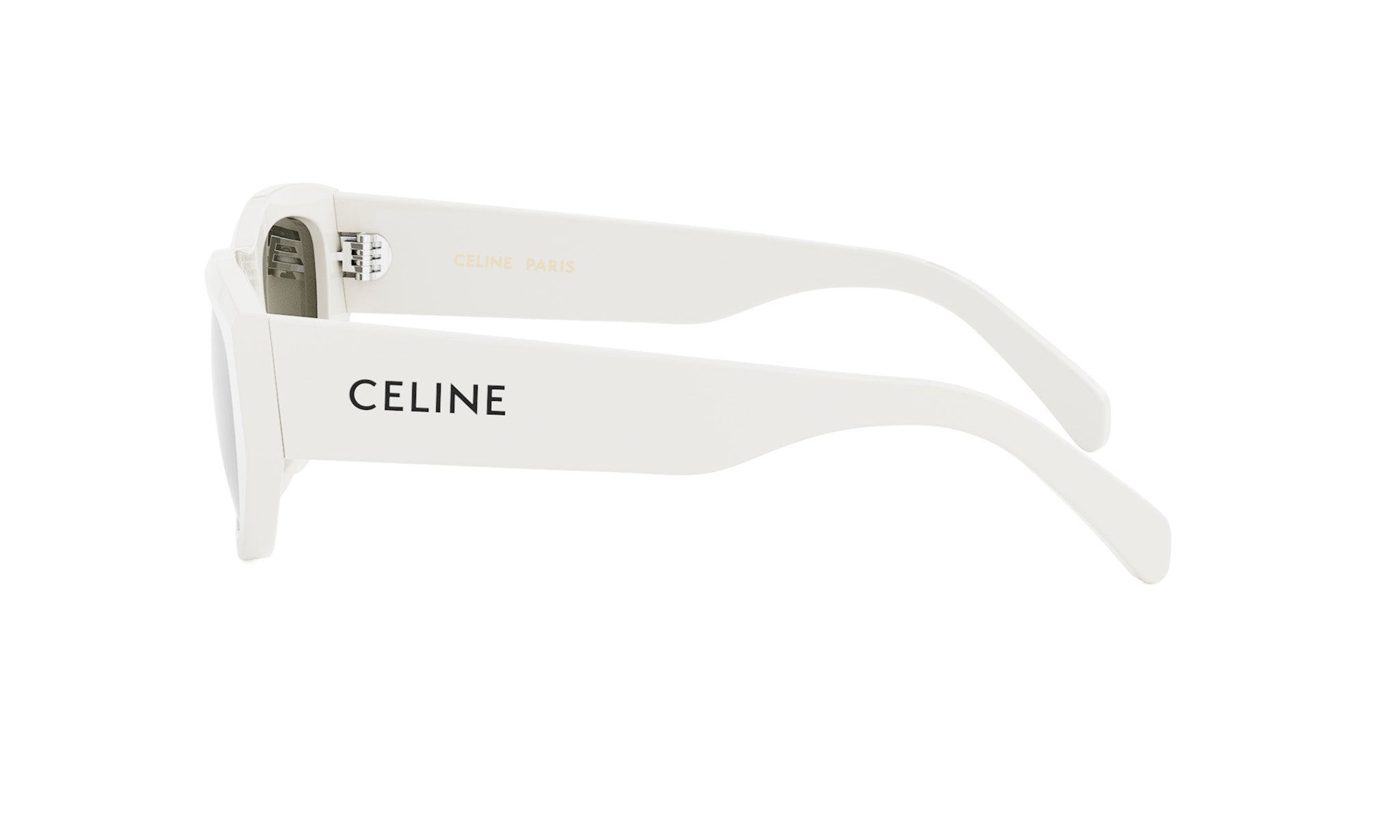 A pair of white sunglasses with the Celine logo on the frame.