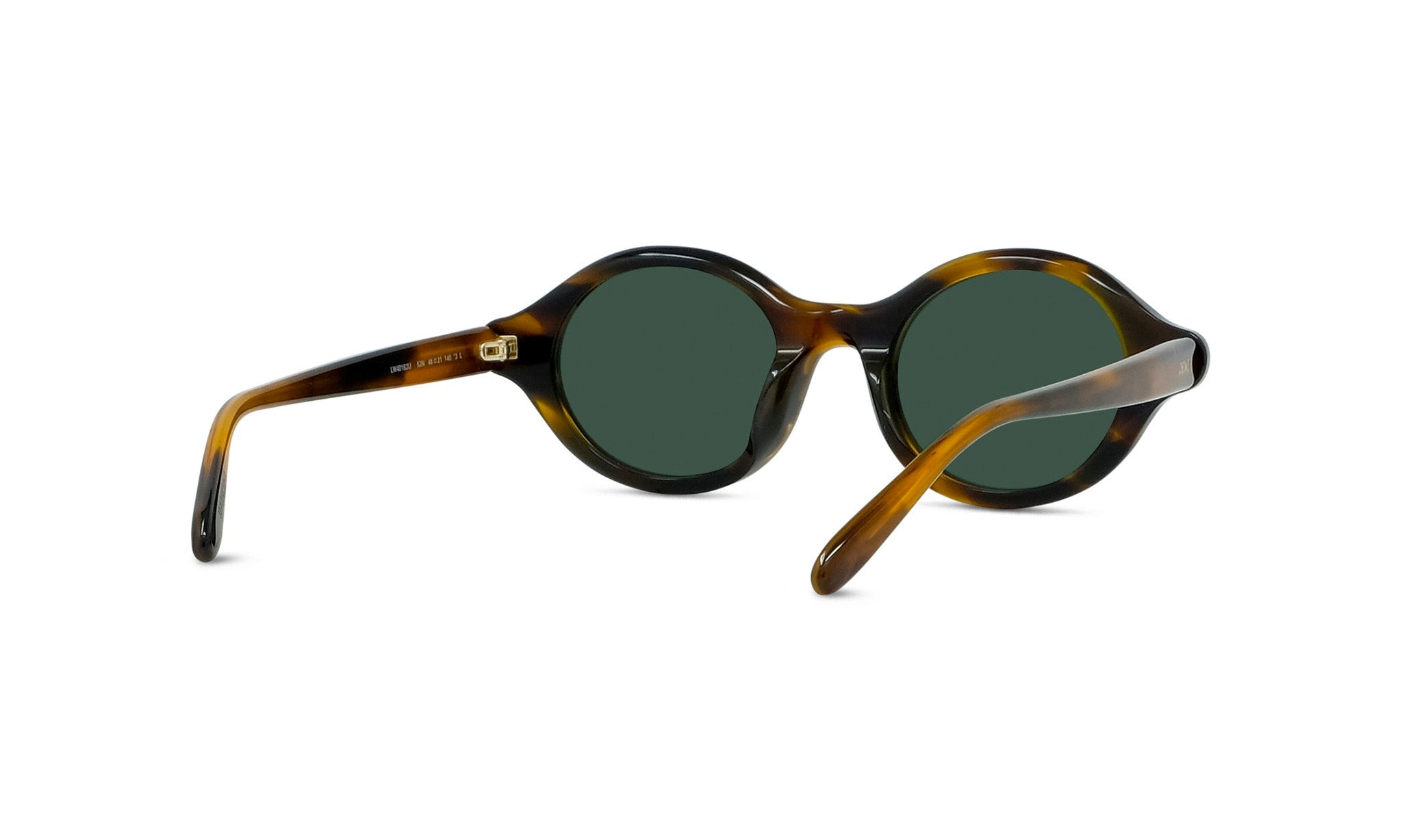 A pair of tortoiseshell sunglasses with dark green lenses.