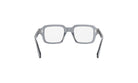 A pair of gray-framed glasses with a sleek, modern design.