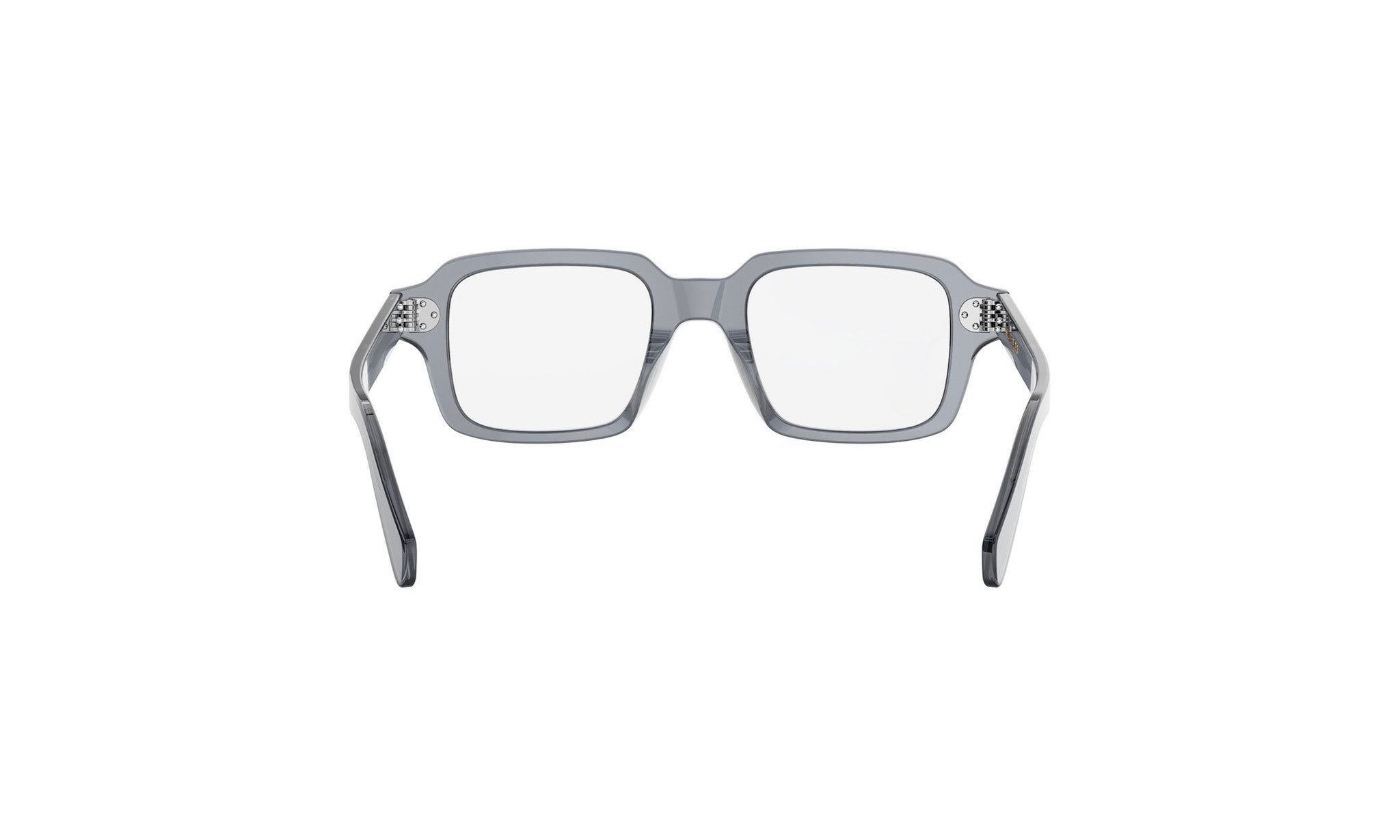A pair of gray-framed glasses with a sleek, modern design.