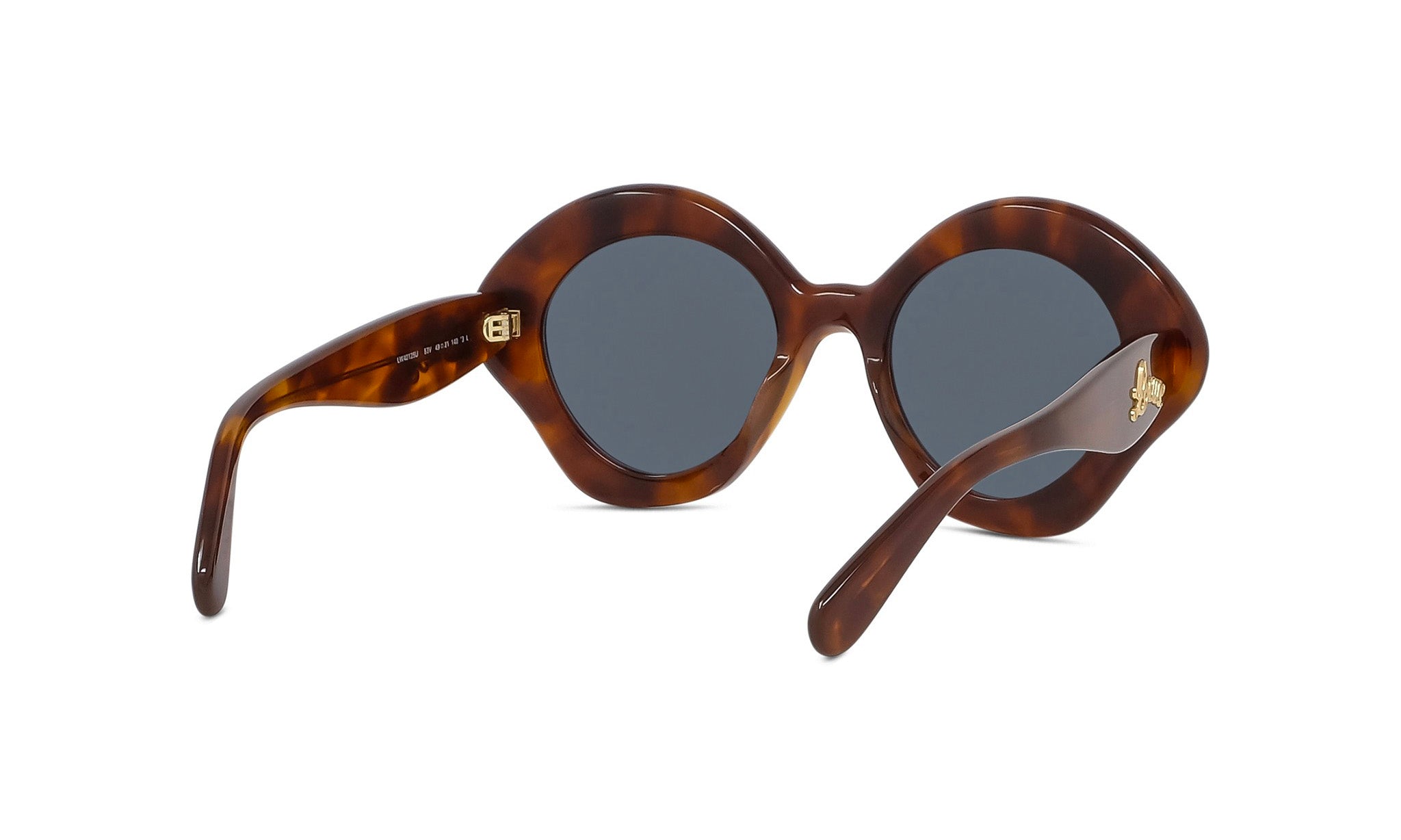 A pair of brown, round sunglasses with dark blue lenses.