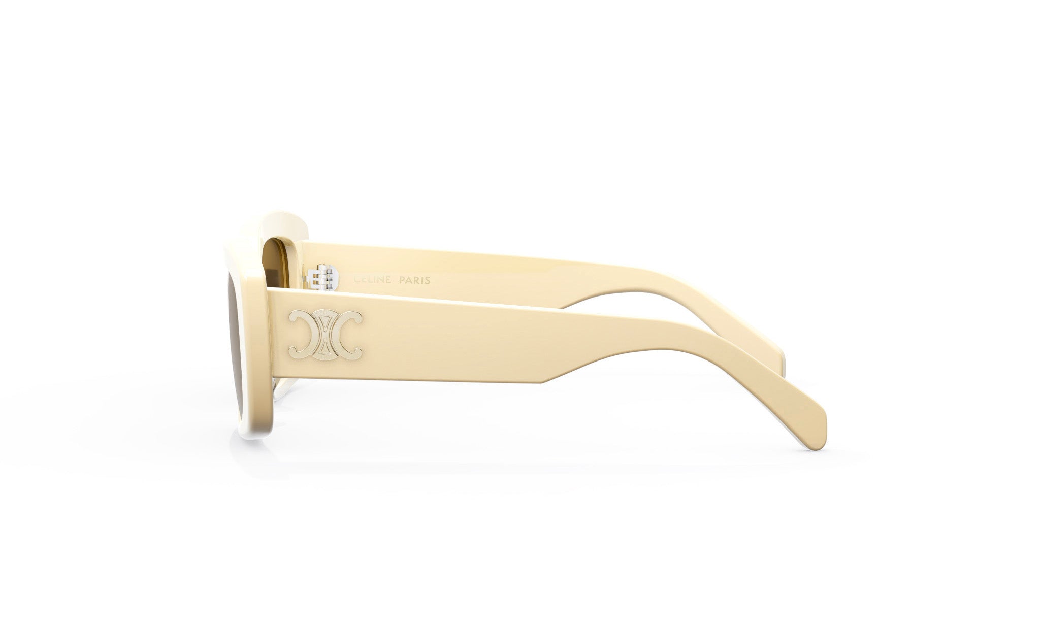 A pair of cream-colored sunglasses with a logo on the frame.
