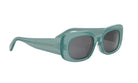 A pair of green-framed sunglasses with dark lenses.
