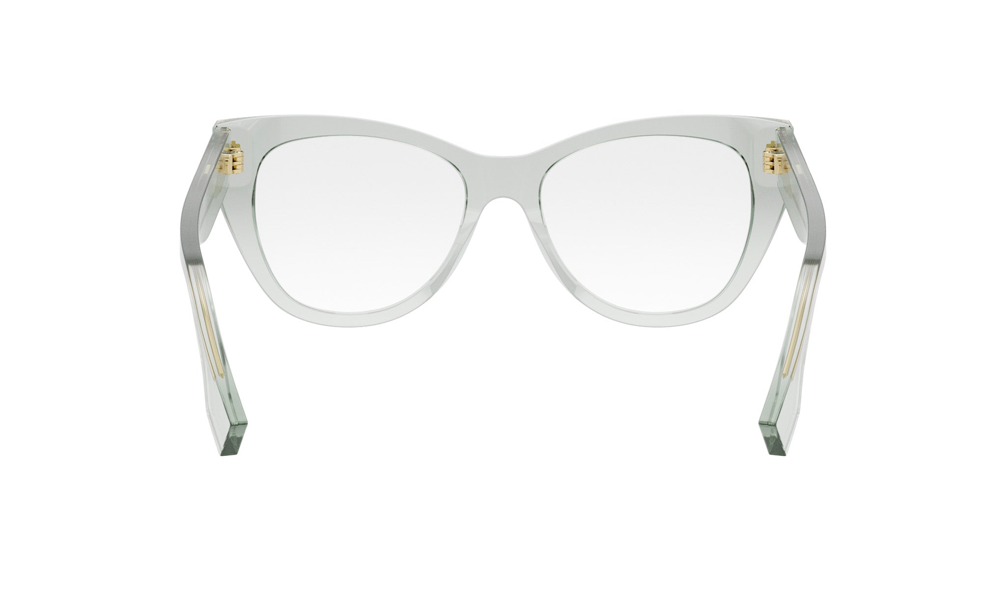 A pair of clear, white-framed glasses with gold accents.