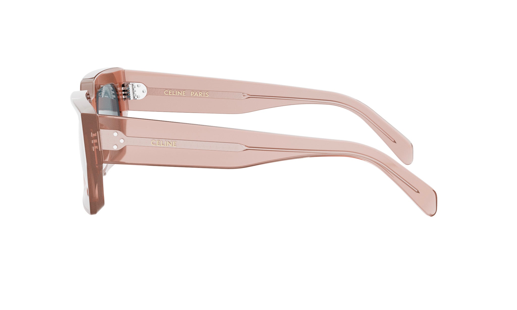 A pair of pink sunglasses with the Celine Paris logo visible.