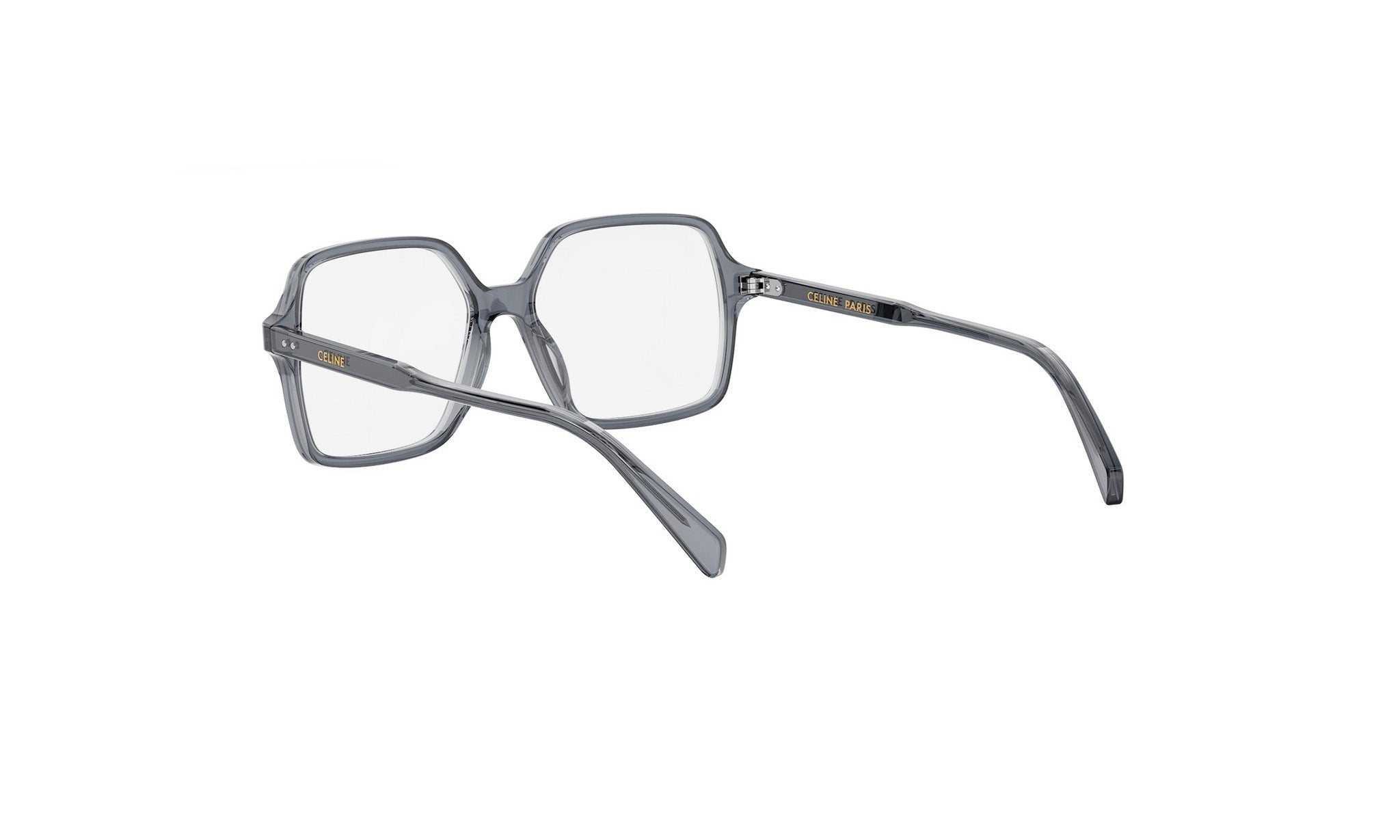 A pair of gray-framed glasses with a square frame and clear lenses.