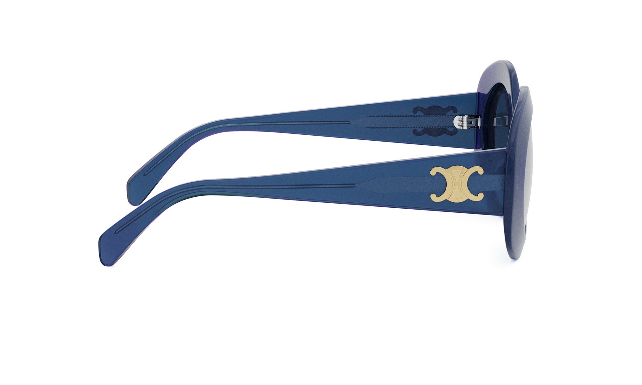 A pair of blue sunglasses with a gold logo on the frame.
