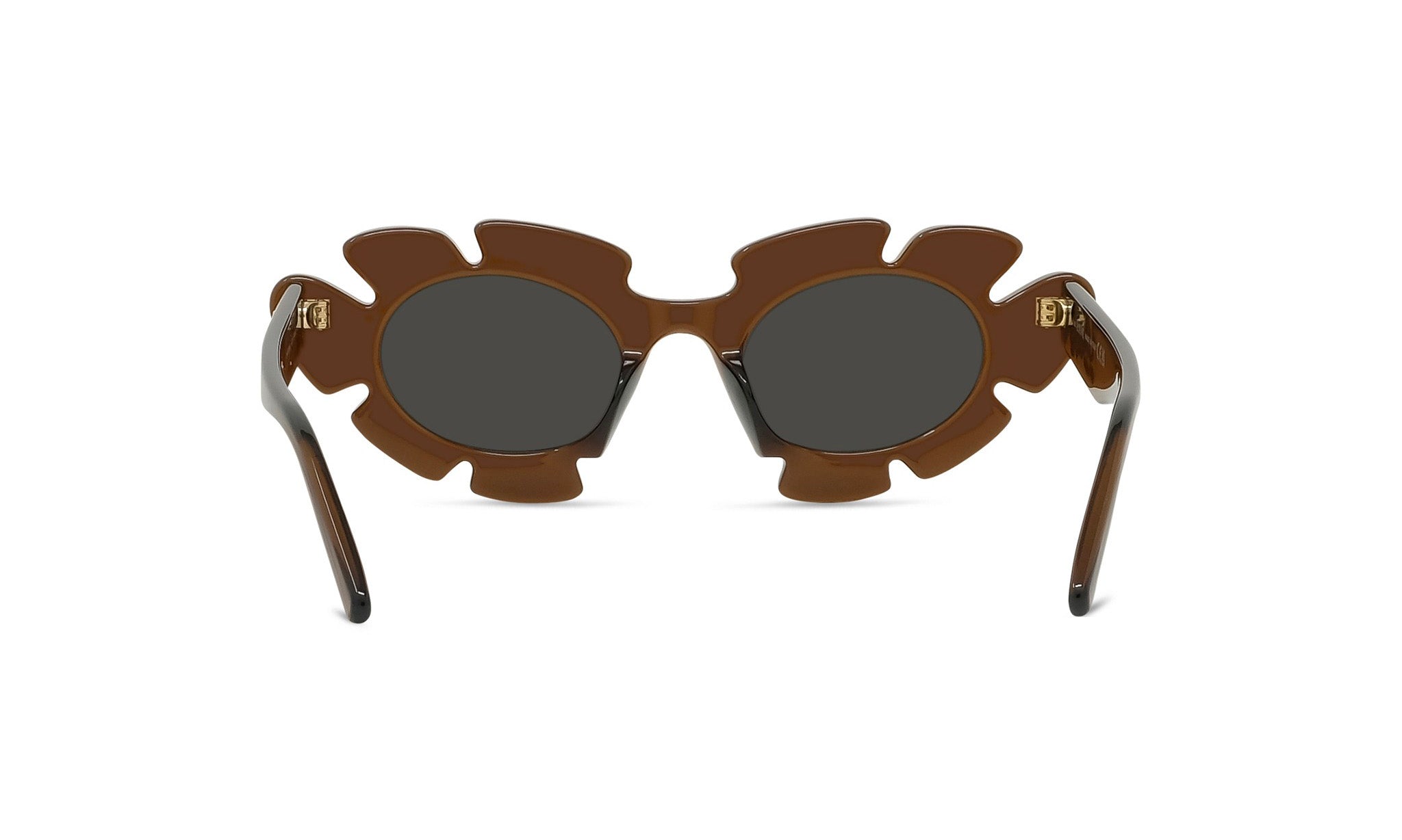A pair of brown, round sunglasses with a unique, flower-shaped frame.