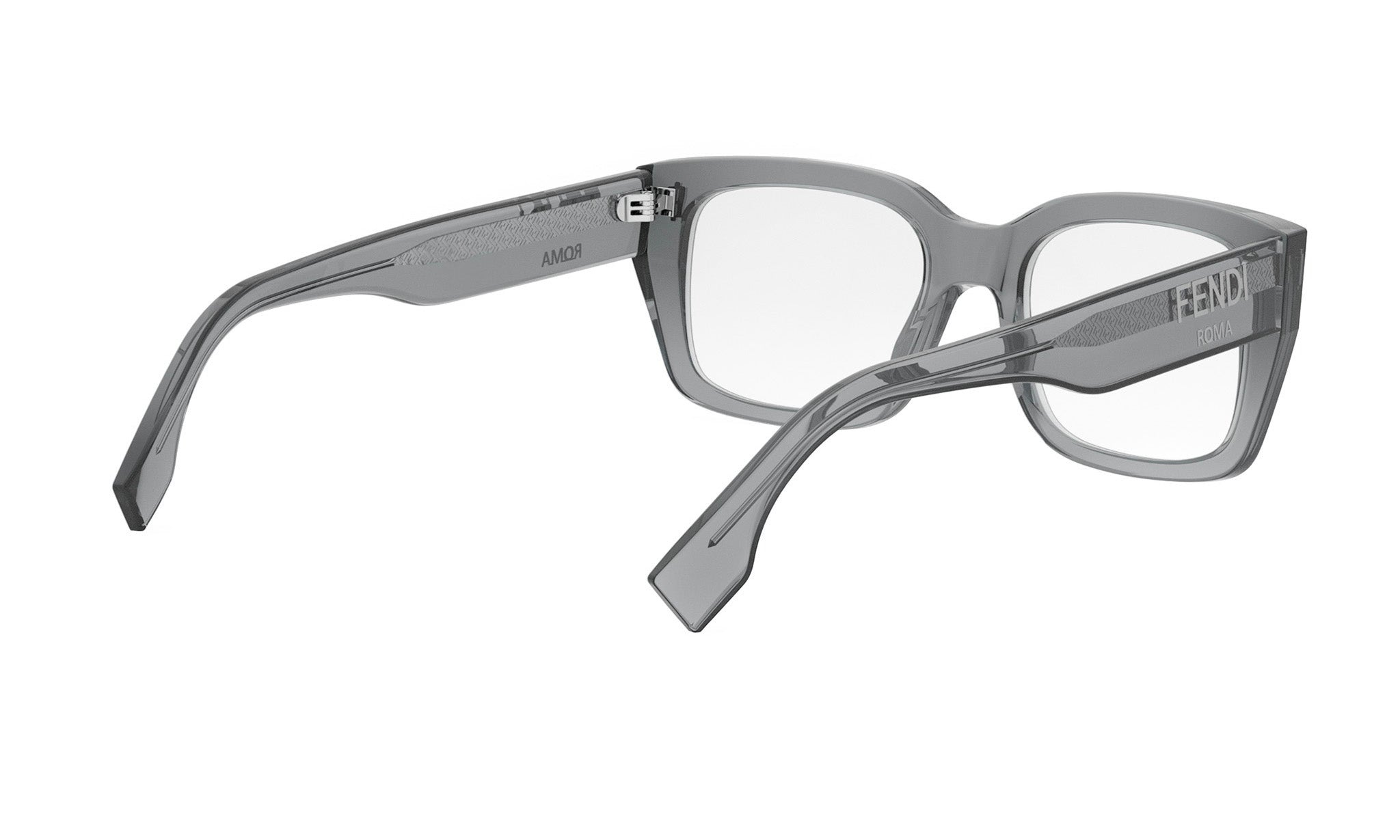 A pair of gray-framed glasses with the FEND logo visible on the temples.