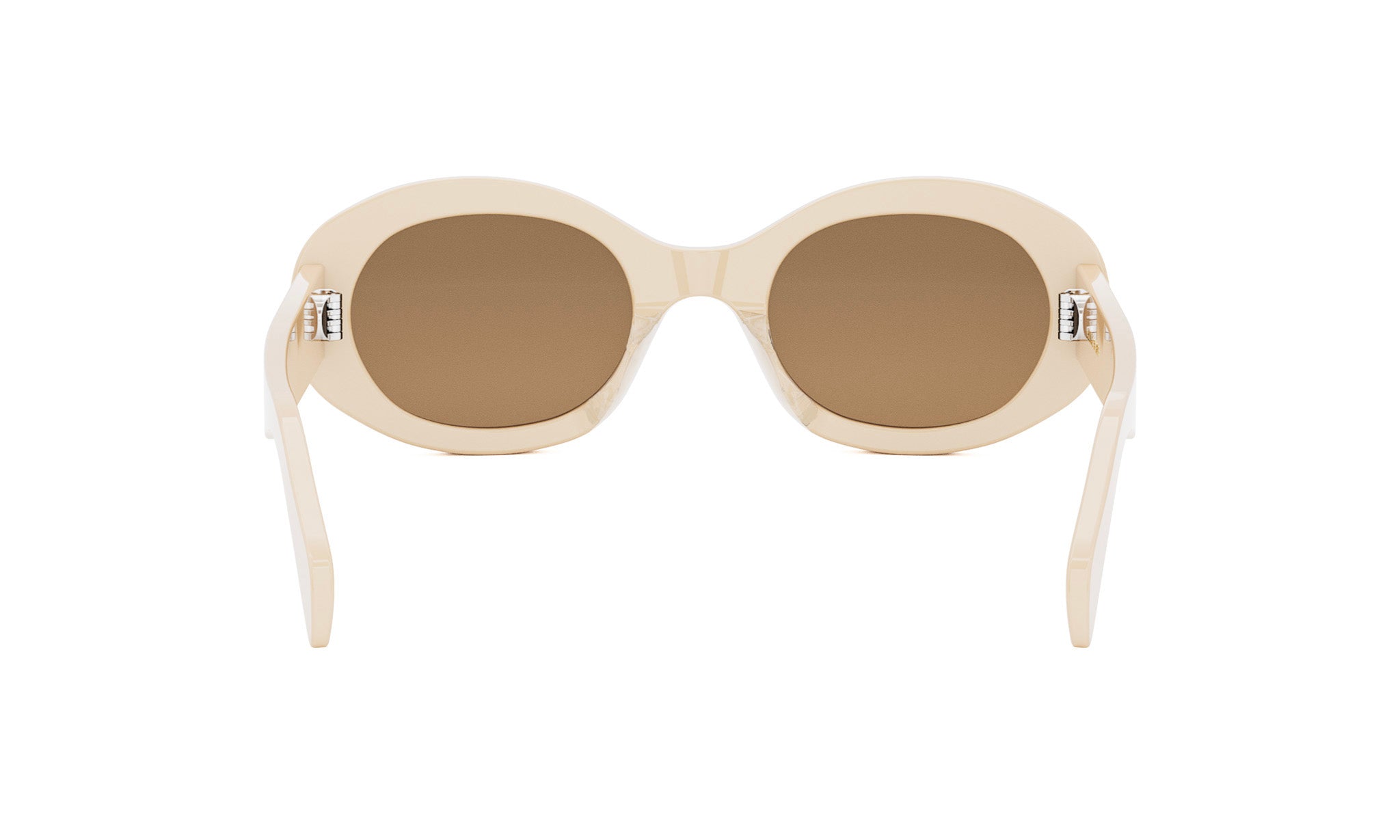 A pair of white, round sunglasses with brown lenses.