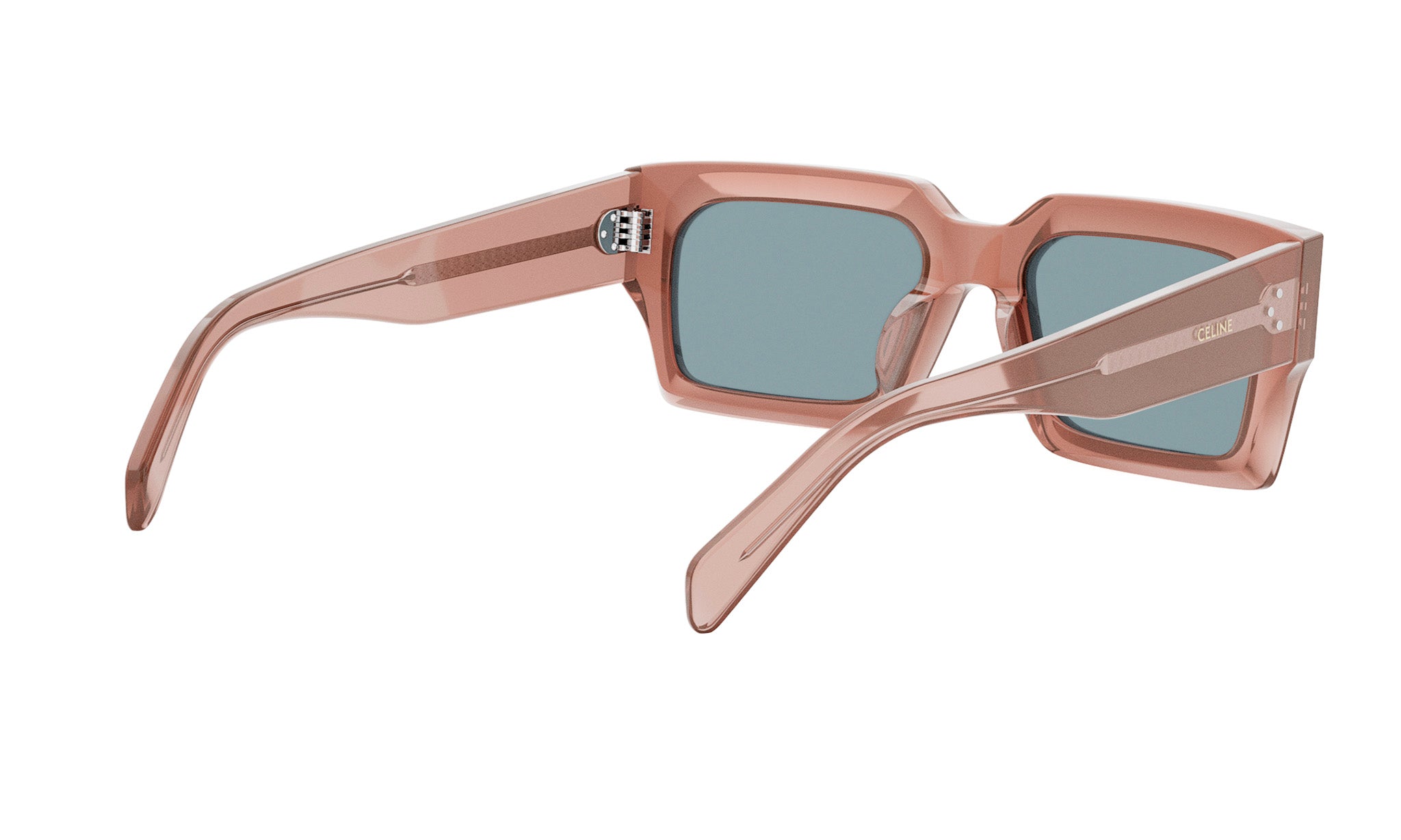 A pair of pink-framed sunglasses with dark lenses.