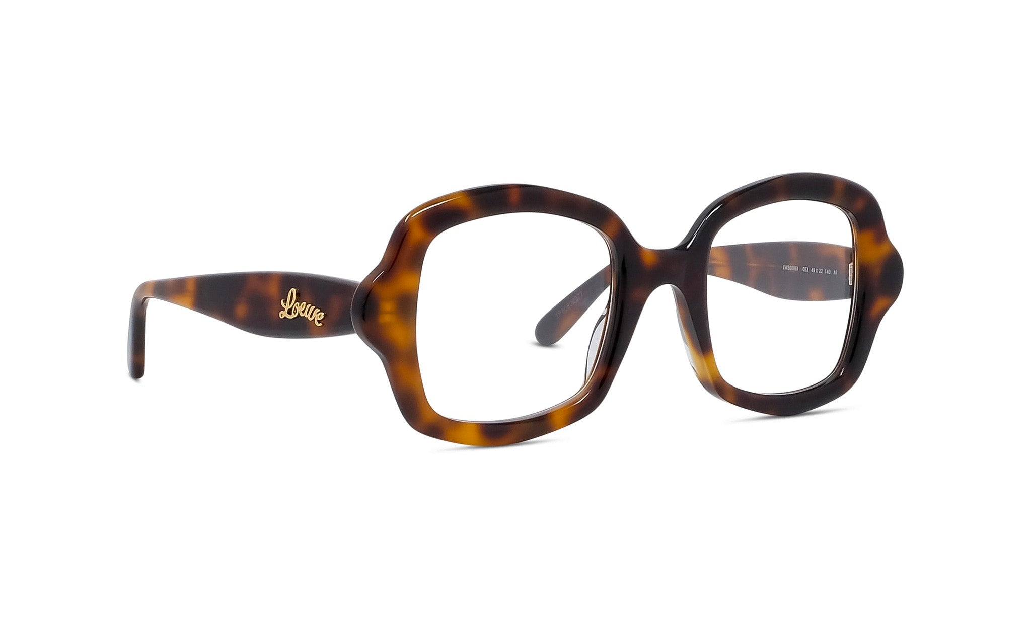 A pair of tortoise-shaped eyeglasses with a dark brown frame and clear lenses.