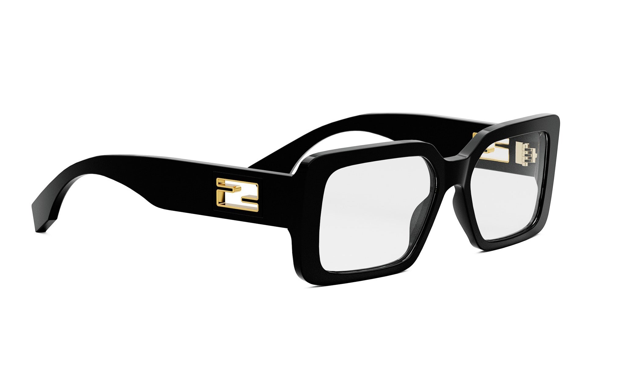 A pair of black-framed glasses with gold accents, featuring a square frame and clear lenses.