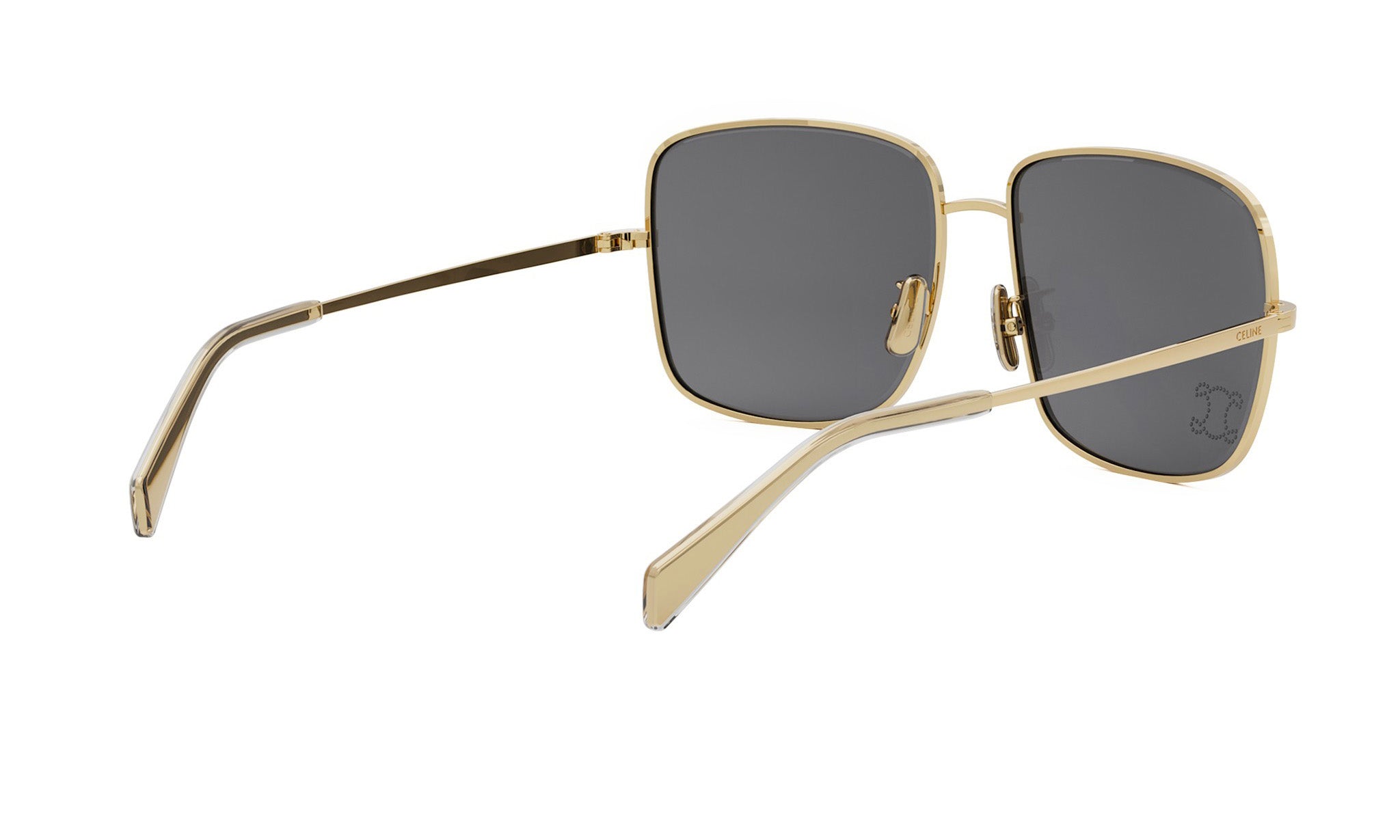 A pair of gold-colored sunglasses with dark lenses.