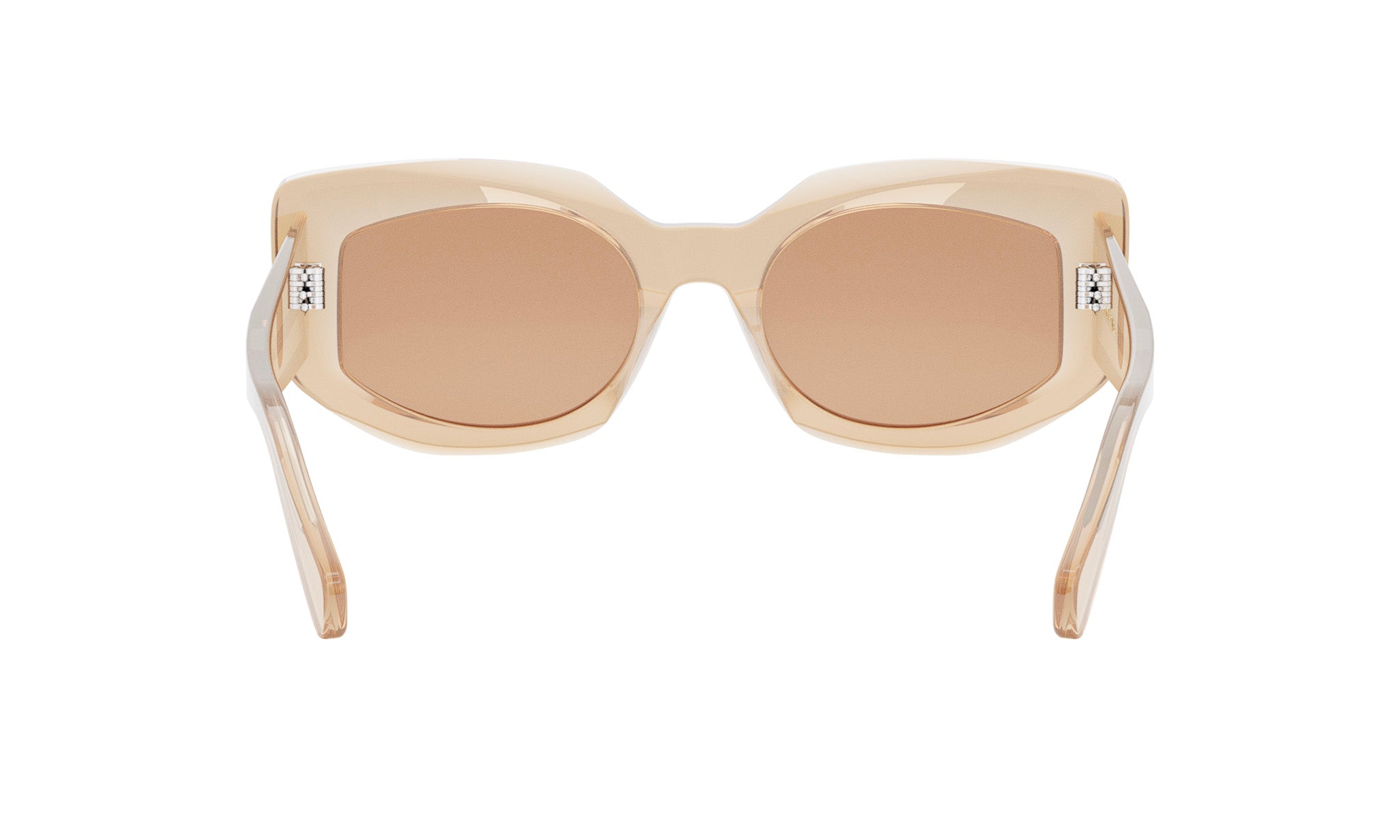 A pair of tan-colored sunglasses with a sleek, modern design.