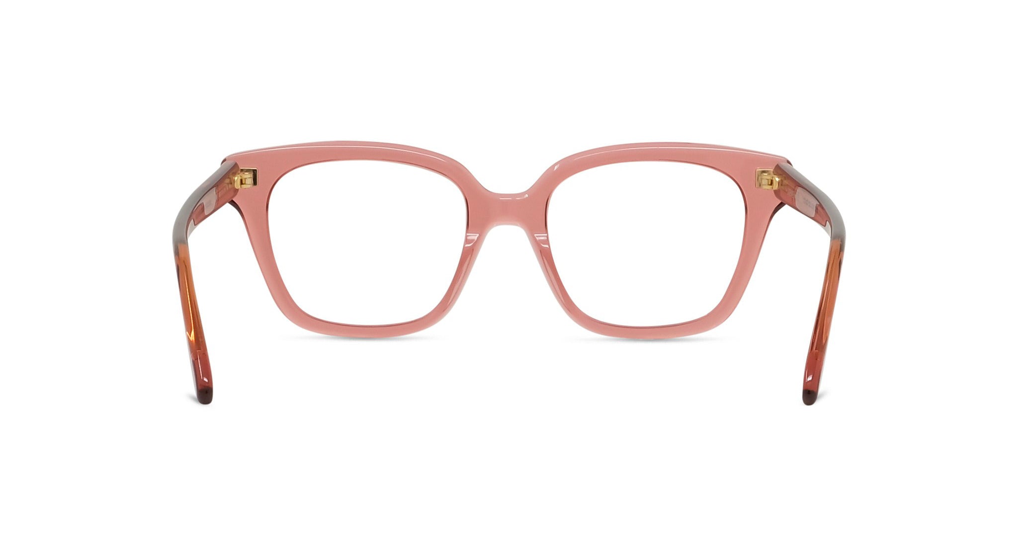 A pair of pink-framed glasses with brown accents, positioned facing forward against a white background.