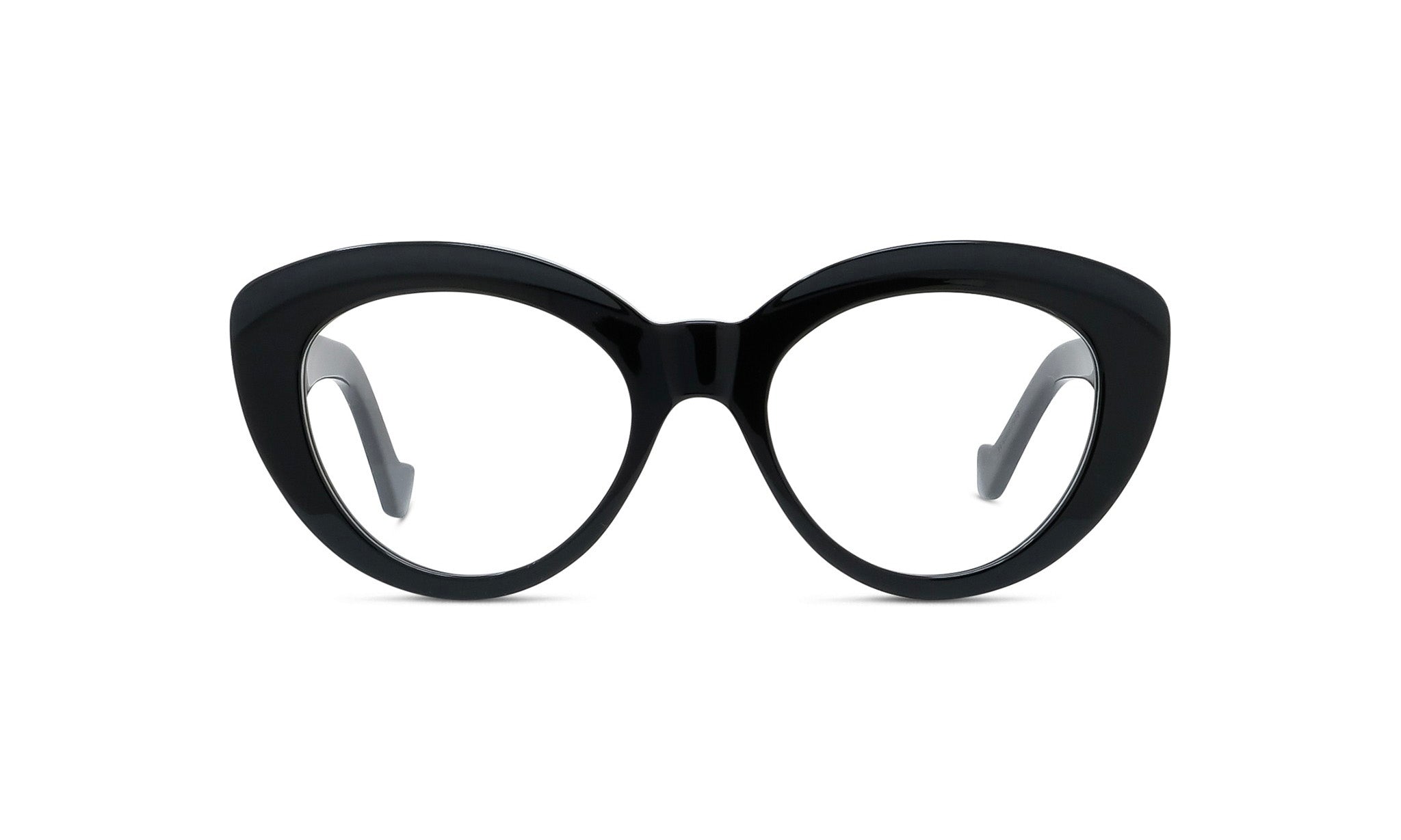A pair of black cat-eye framed glasses against a white background.