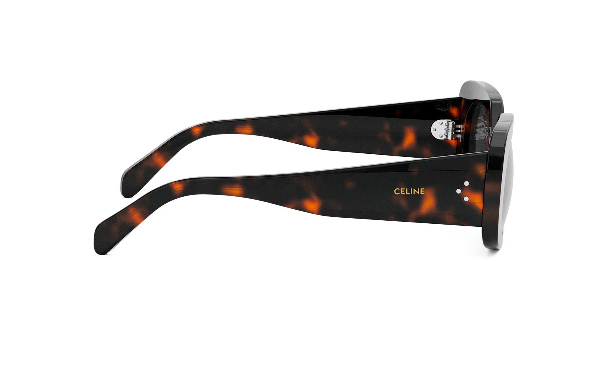 A pair of sunglasses with a tortoiseshell frame and the Celine logo on the side.