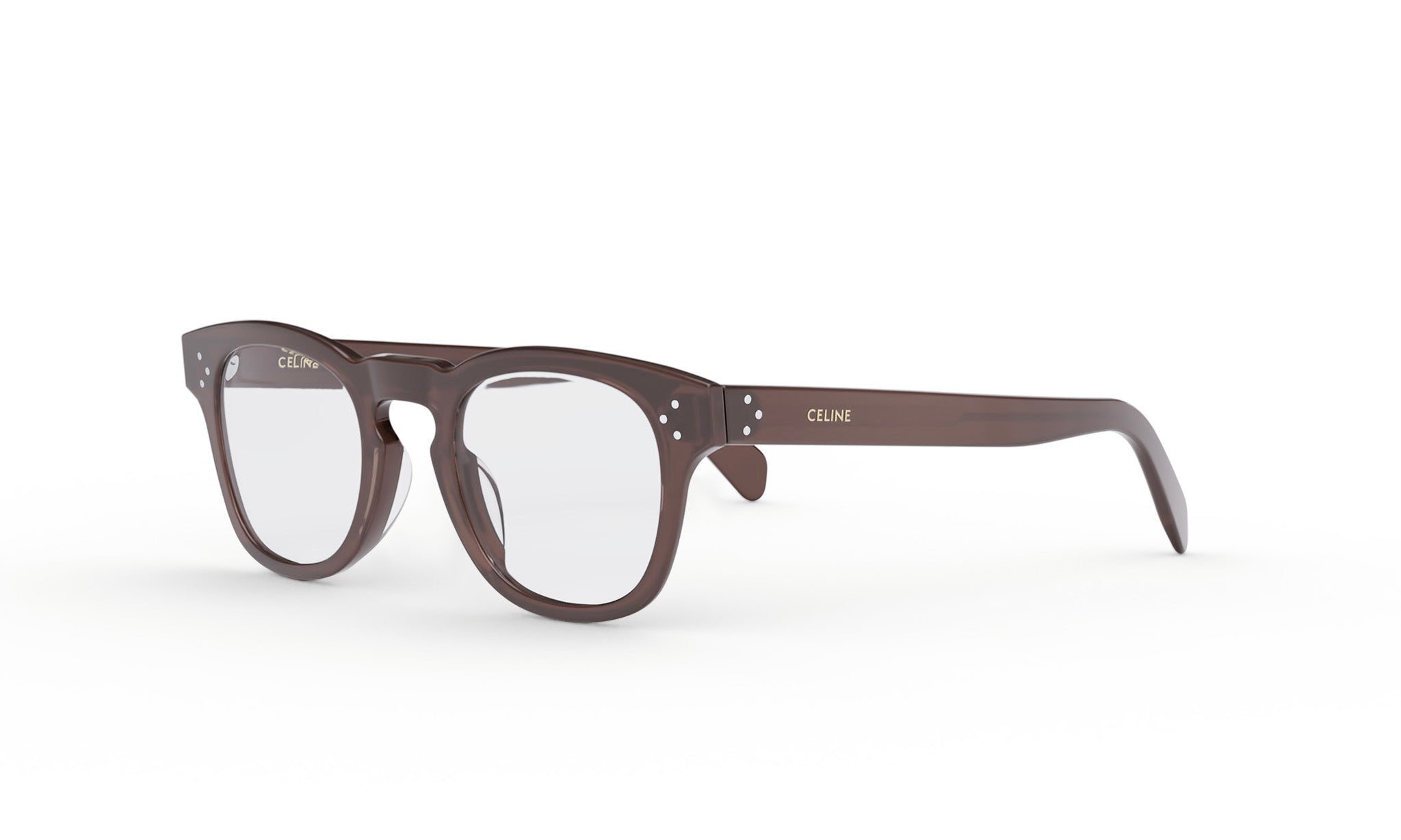A pair of brown-framed glasses with clear lenses, featuring the brand name "Celine" on the frame.