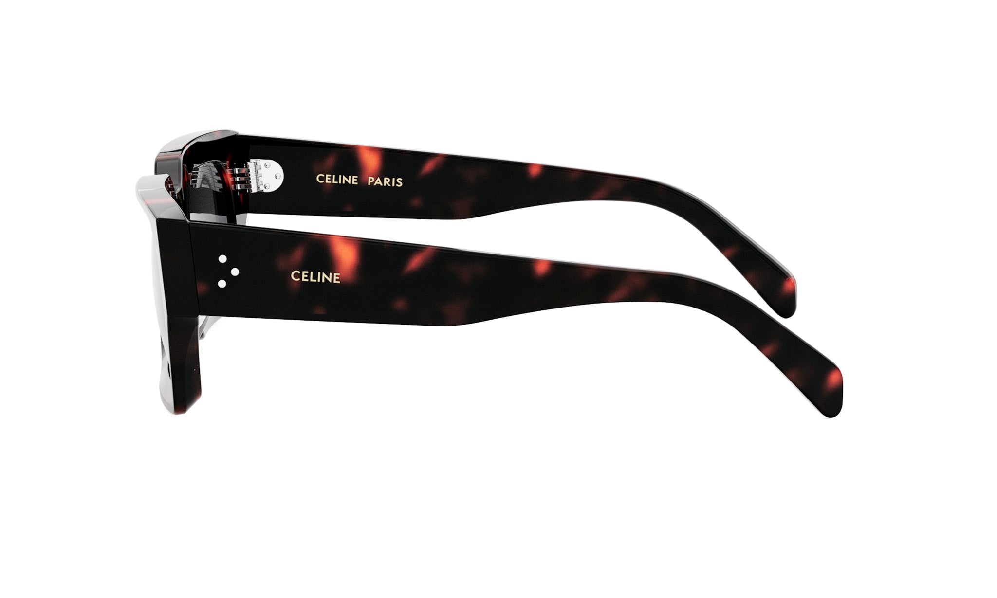 A pair of sunglasses with a tortoiseshell frame and the Celine Paris logo on the temples.