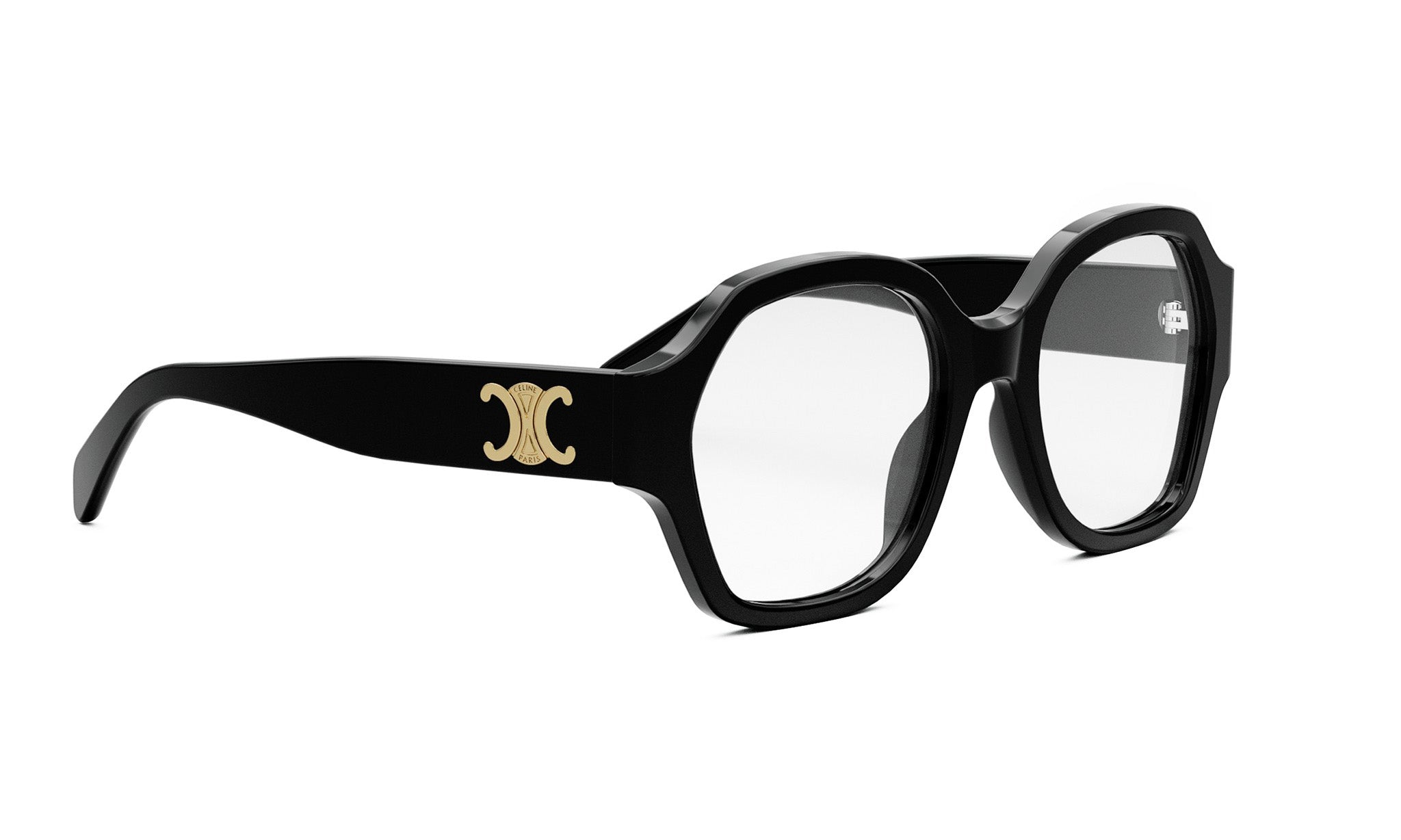 A pair of black-framed glasses with a gold logo on the side.