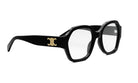 A pair of black-framed glasses with a gold logo on the side.