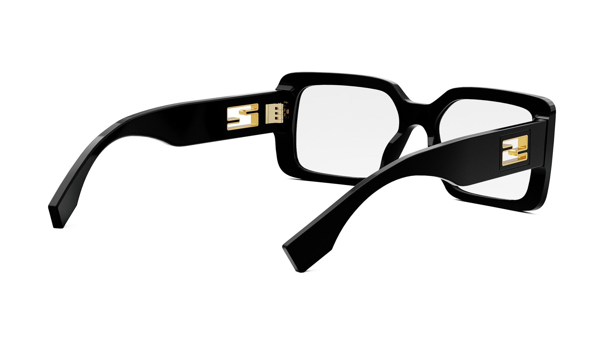 A pair of black-framed glasses with gold accents, featuring a logo on the temples.