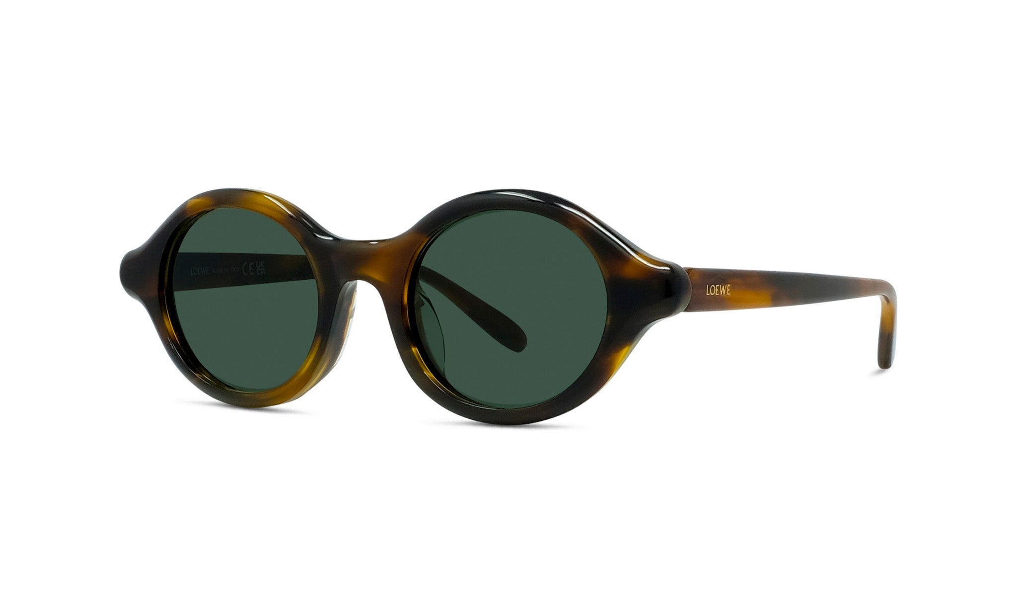 A pair of round sunglasses with dark green lenses.