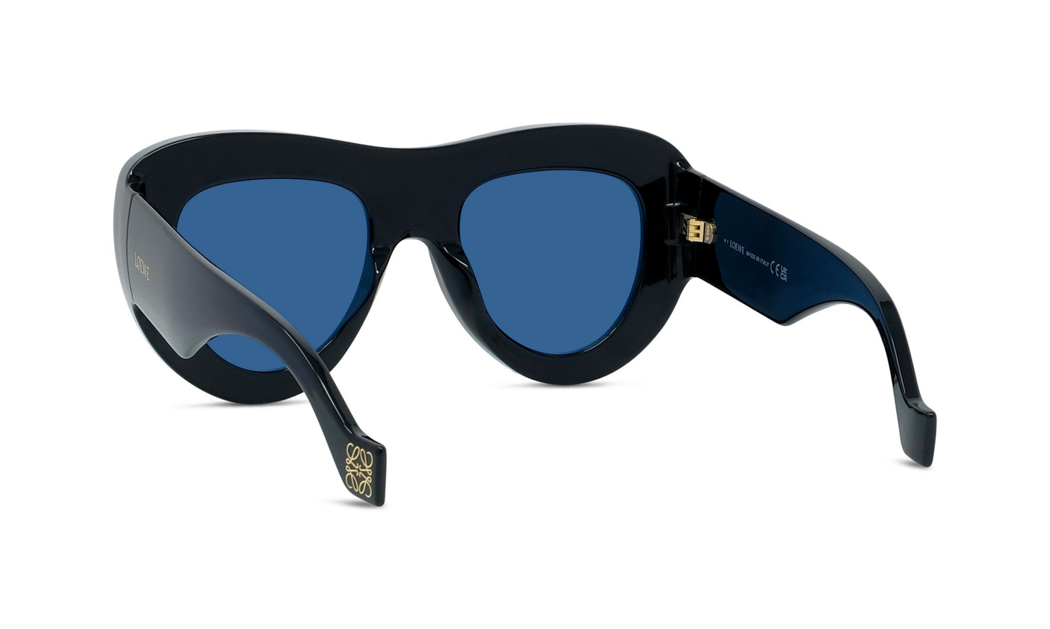 A pair of black sunglasses with blue lenses, featuring a sleek and modern design.