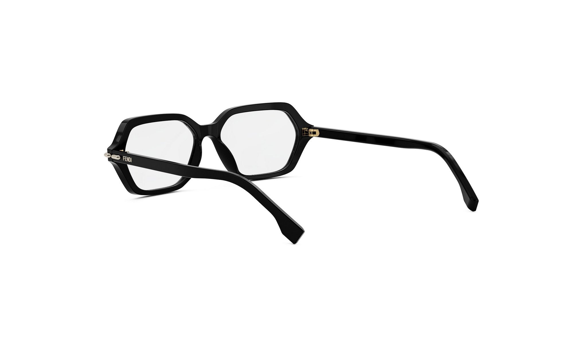A pair of black-framed glasses with a geometric, modern design.
