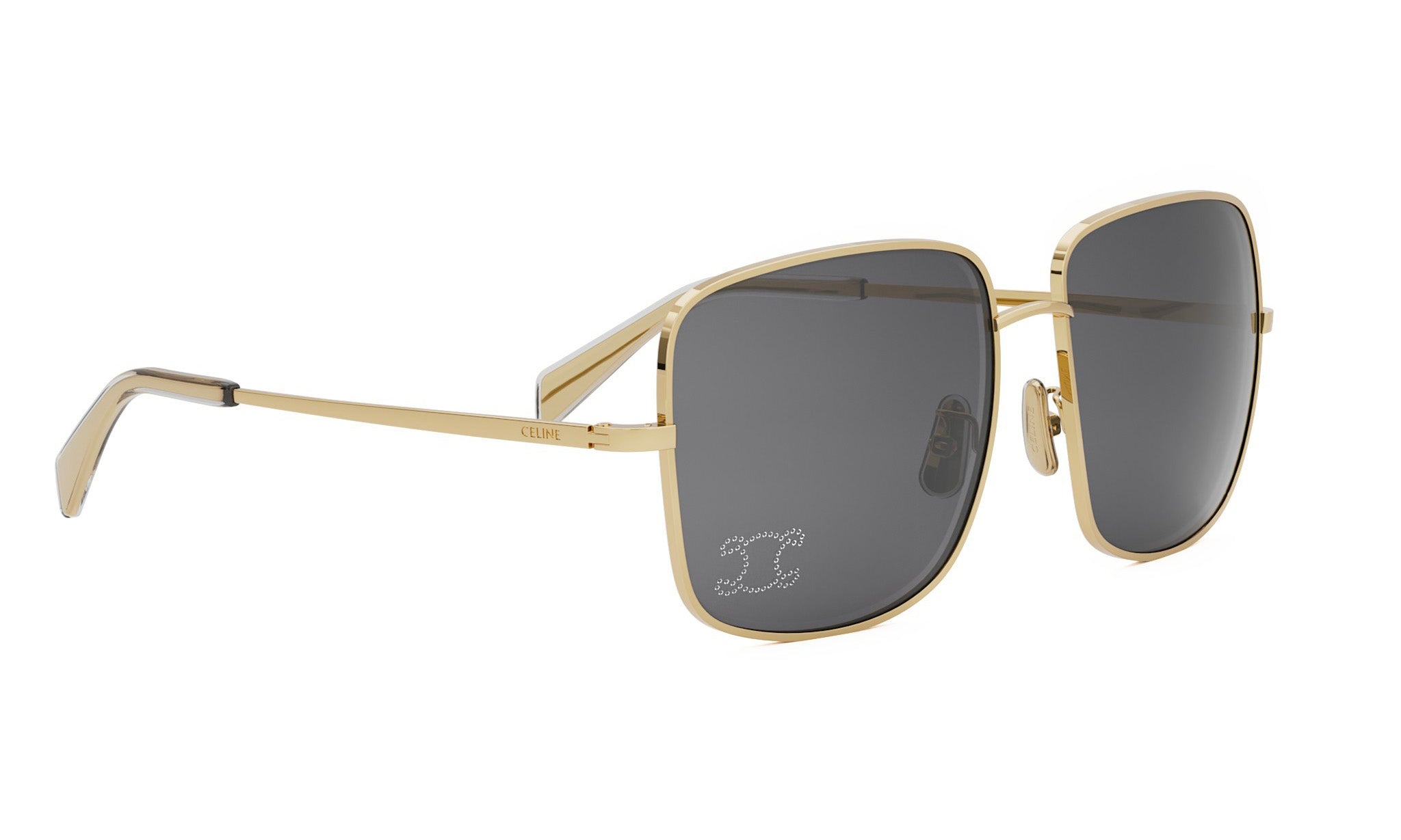 A pair of gold-colored sunglasses with dark lenses.